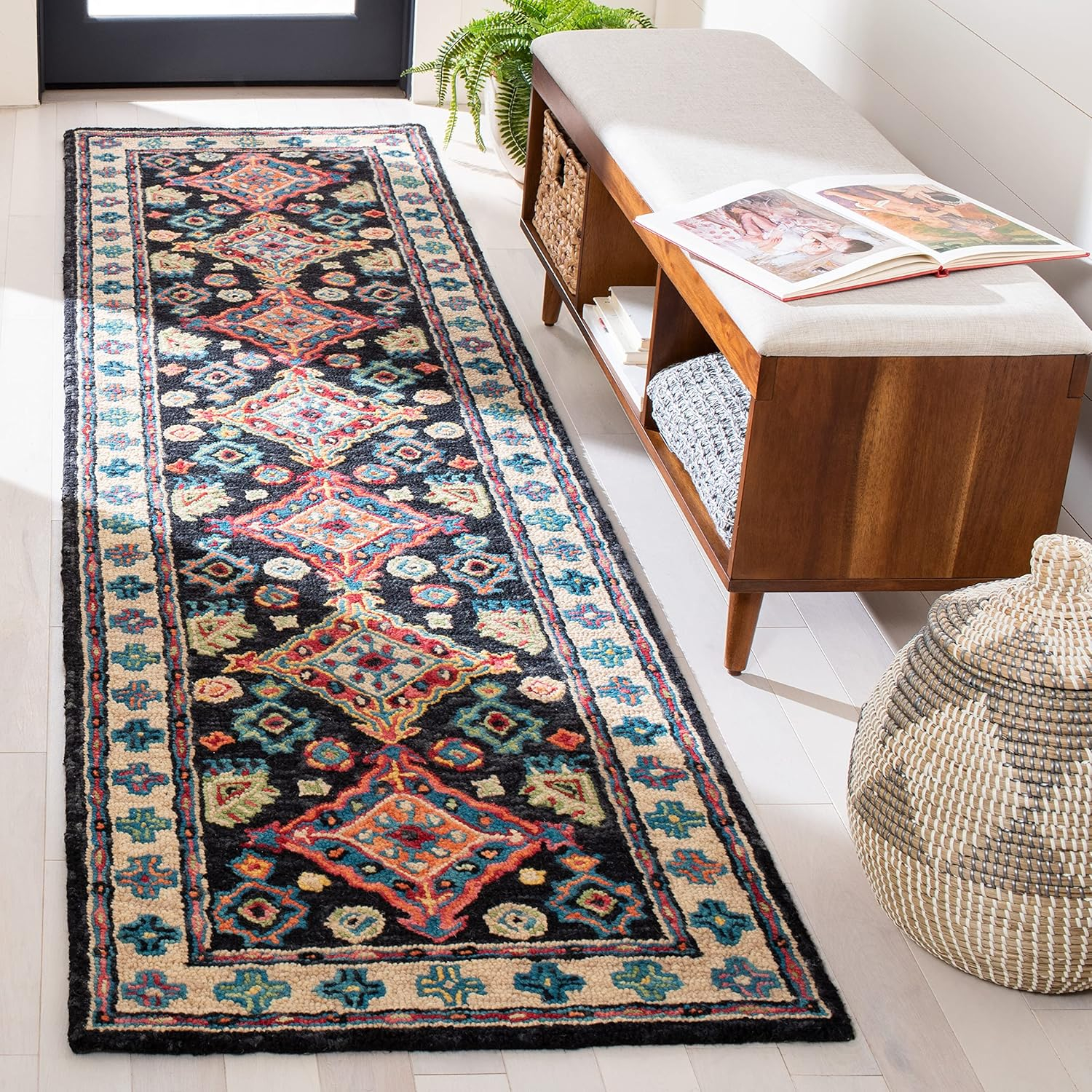 SAFAVIEH Aspen Ermintrude Floral Bordered Wool Runner Rug, Charcoal/Blue, 2'3" x 13'