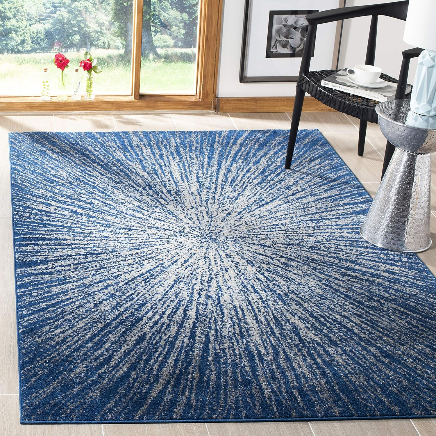 SAFAVIEH Evoke Vana Abstract Sunburst Area Rug, Navy/Ivory, 6'7" x 6'7" Square