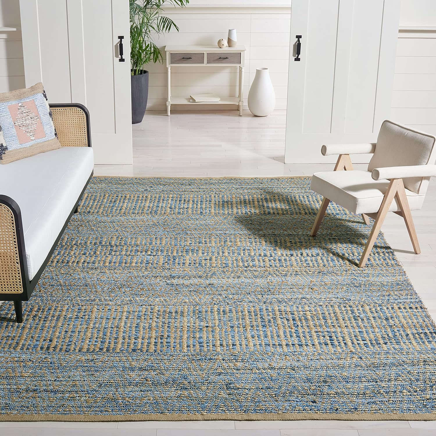 SAFAVIEH Cape Cod Gladwyn Braided Striped Jute Area Rug, 10' x 14', Natural/Blue