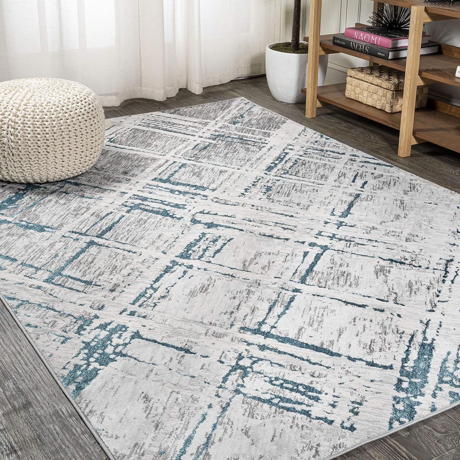 JONATHAN Y SOR201A-8 Slant Modern Abstract Indoor Area-Rug Contemporary Solid Striped Easy-Cleaning Bedroom Kitchen Living Room Non Shedding, 8 ft x 10 ft, Gray/Turquoise