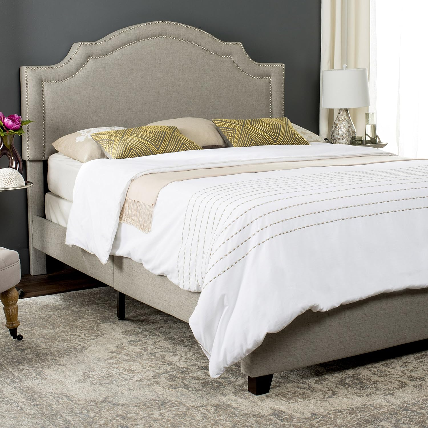 Beige Linen Upholstered Queen Platform Bed with Nailhead Trim