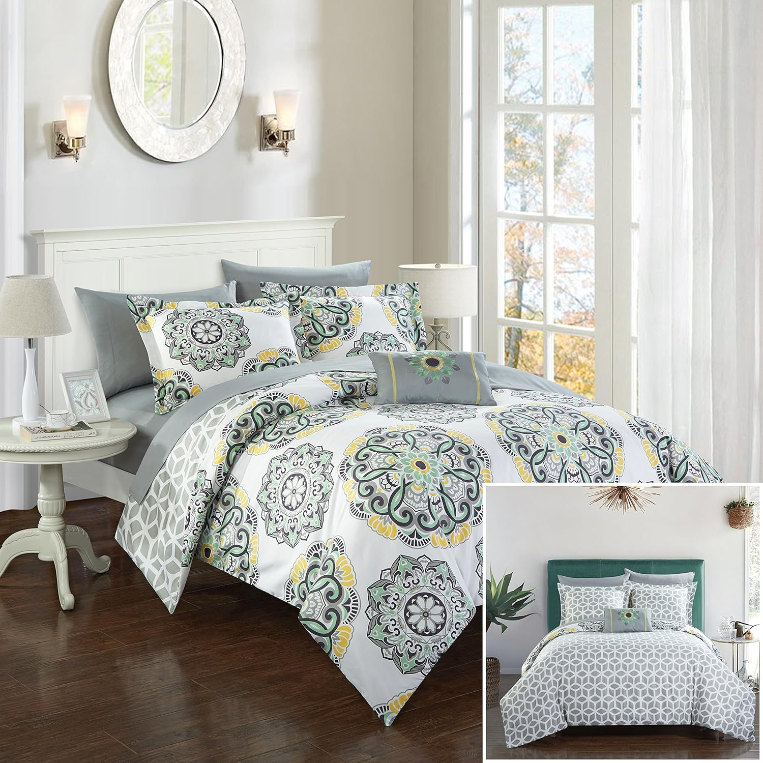 8 or 6 Pc. Barella Super soft Large Printed Medallion REVERSIBLE with Geometric Printed Backing Comforter Set