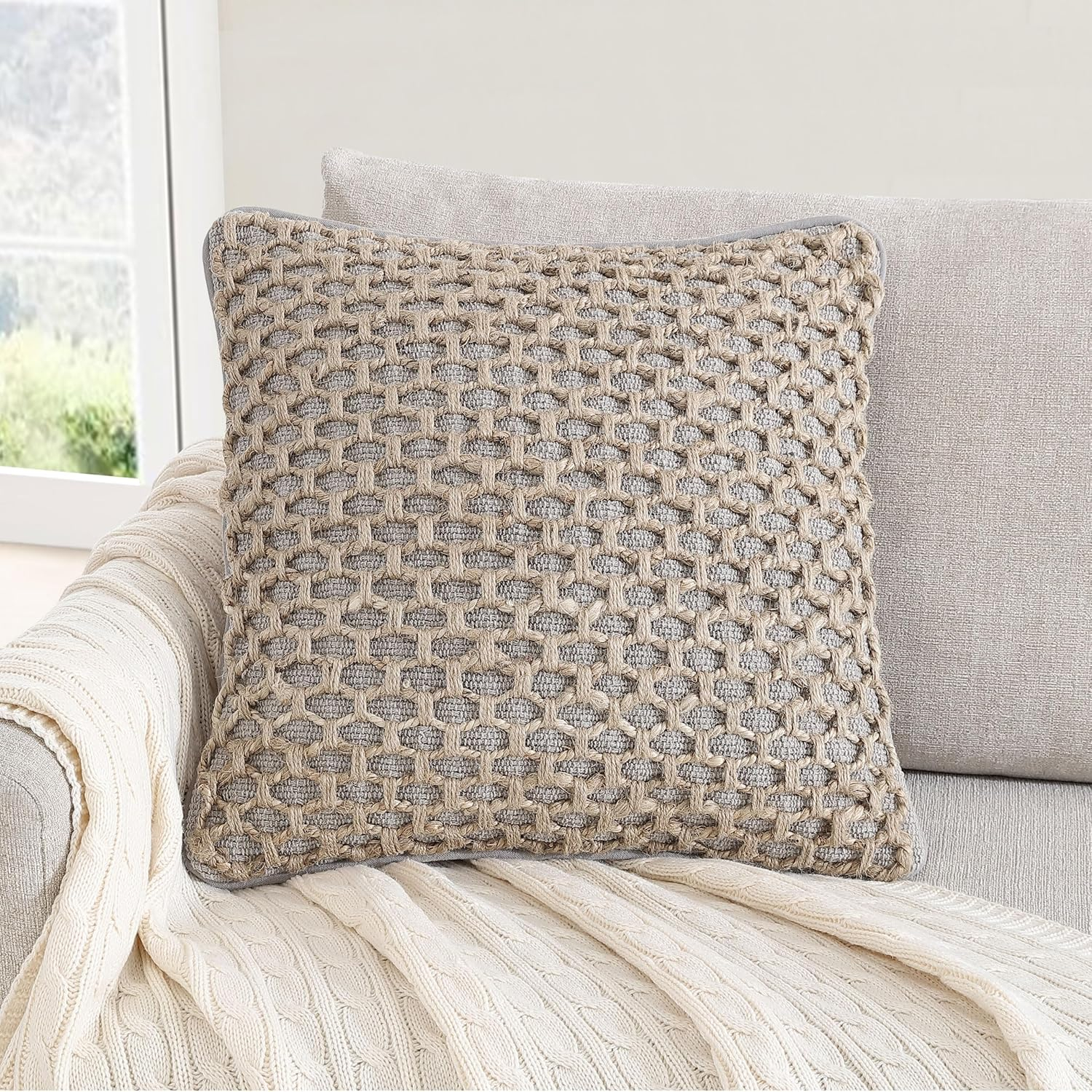 Coastal Brown and Gray Jute Accent Pillow with Rope Trim