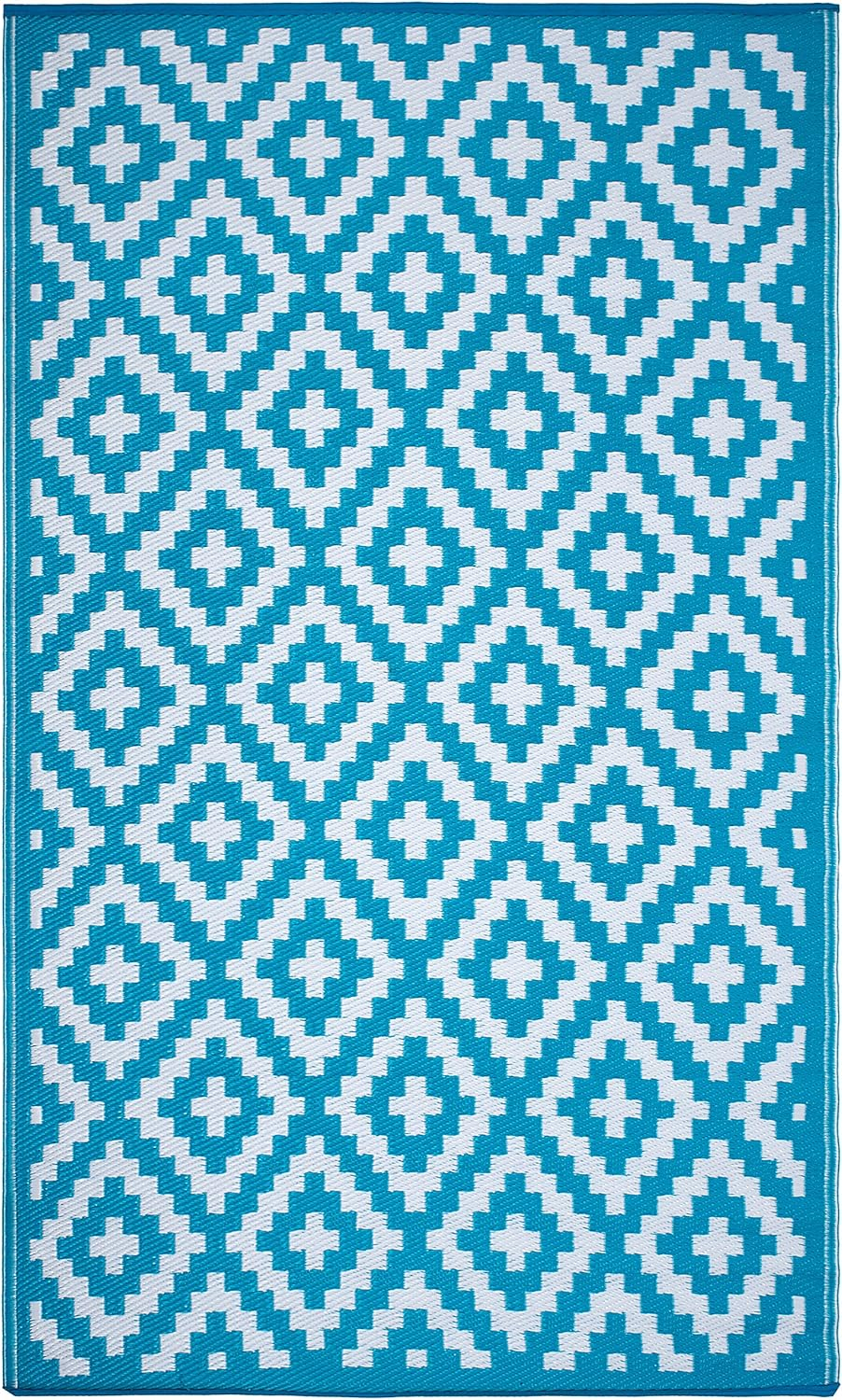 FH Home Outdoor Rug - Waterproof, Fade Resistant, Reversible - Premium Recycled Plastic - Geometric - Patio, Porch, Deck, Balcony - Aztec - Teal & White Crease Free - 5 x 8 ft