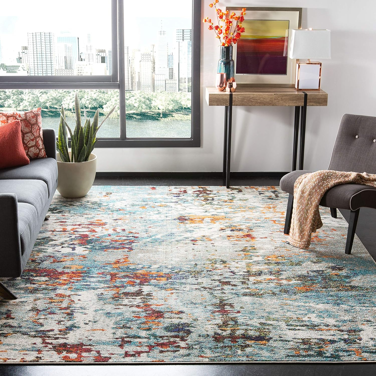 SAFAVIEH Madison Flowers Vintage Abstract Area Rug, Grey/Blue, 9' x 12'