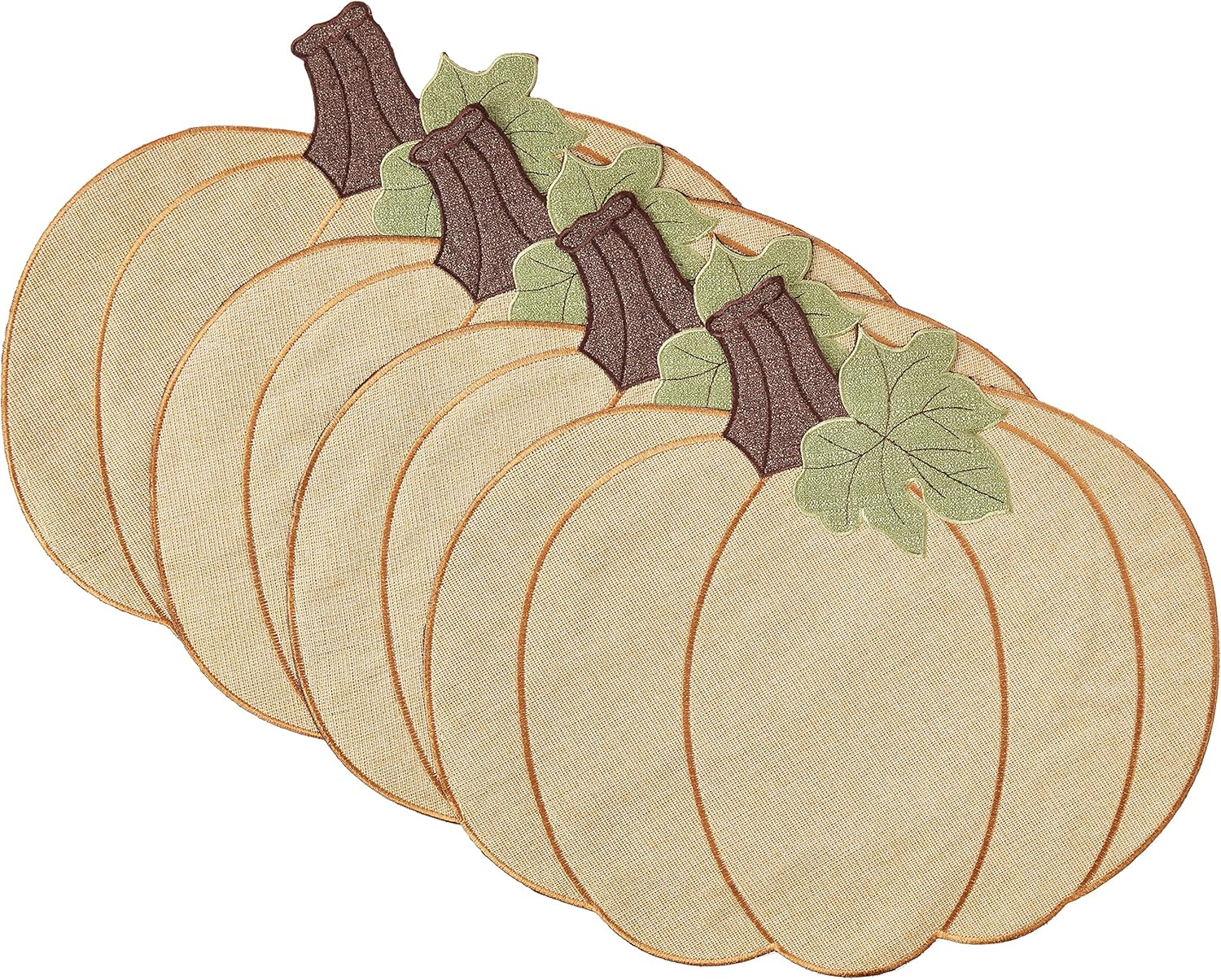 Violet Linen Thanksgiving Harvest Fall Pumpkin Pattern, Polyester Applique Embroidered Burlap, Gold, 12 Inch x 18 Inch, Oval, Set of 4, Decorative Place Mats