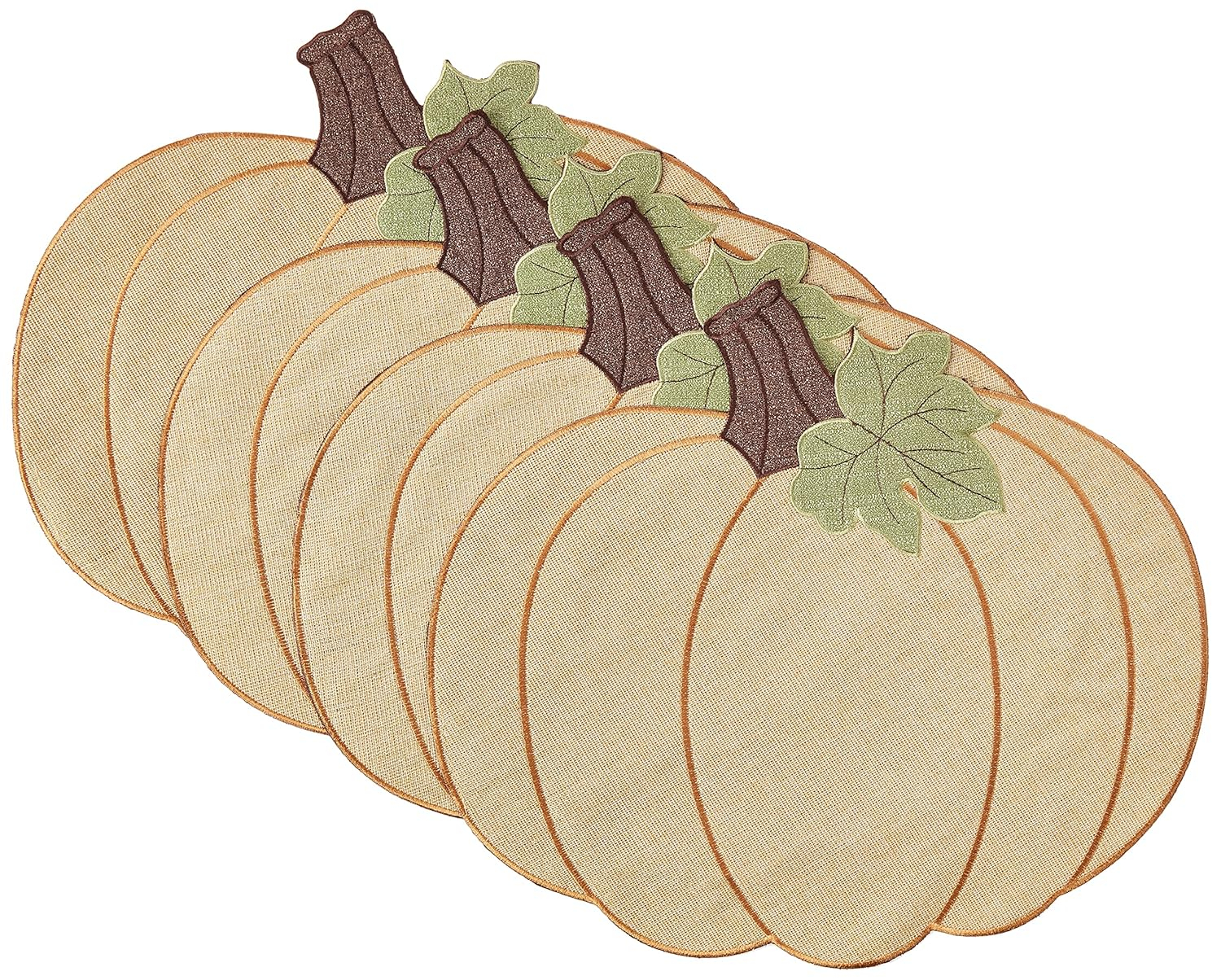 Violet Linen Thanksgiving Harvest Fall Pumpkin Pattern, Polyester Applique Embroidered Burlap, Gold, 12 Inch x 18 Inch, Oval, Set of 4, Decorative Place Mats
