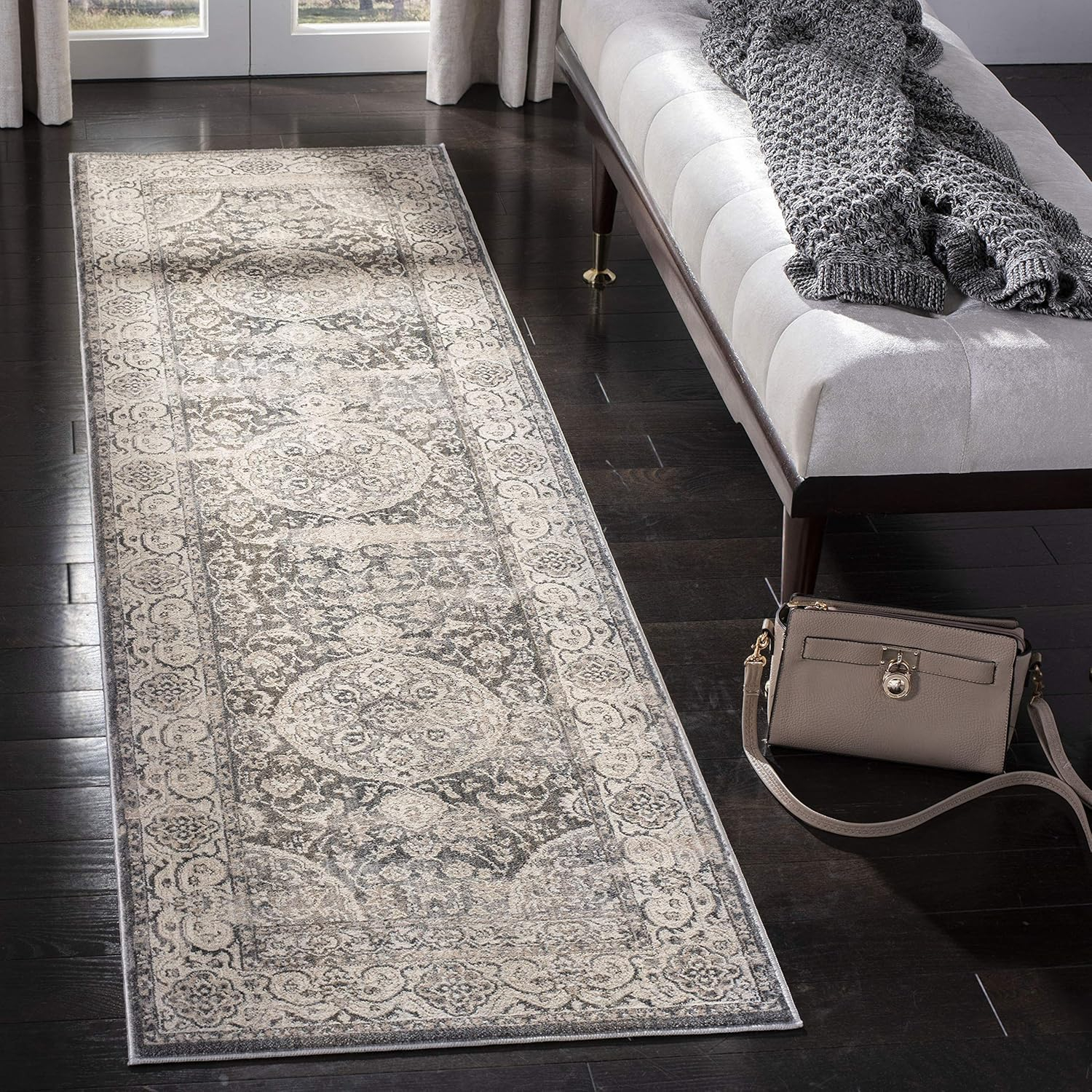 Gray Floral Motif Low Pile Synthetic Area Rug