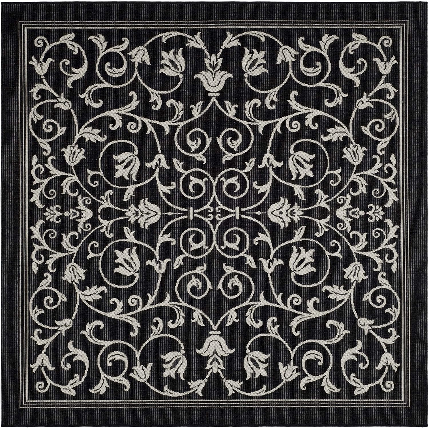 SAFAVIEH Courtyard Nanda Floral Indoor/Outdoor Area Rug, 7'10" x 7'10" Square, Black/Sand
