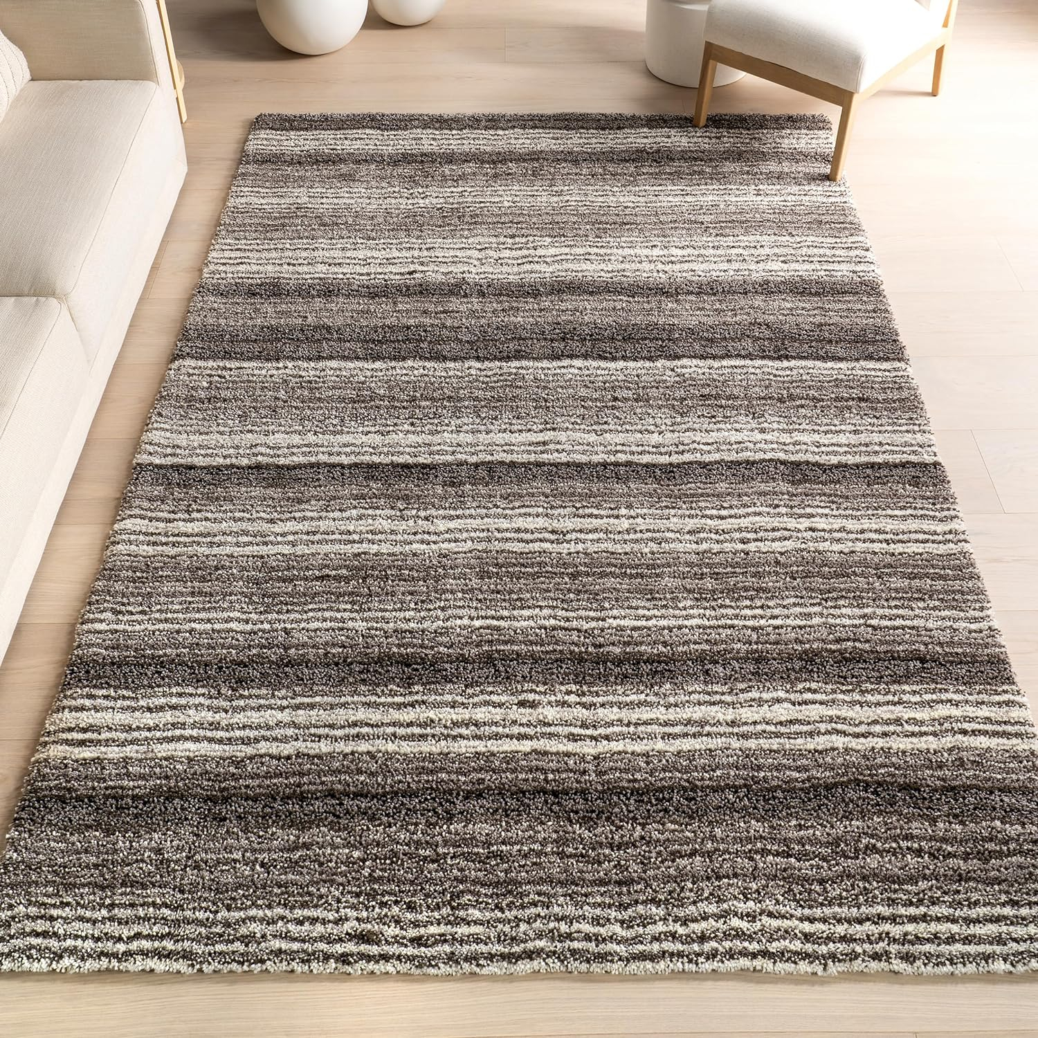 Gray Multi Striped Synthetic Shag 8' x 10' Area Rug