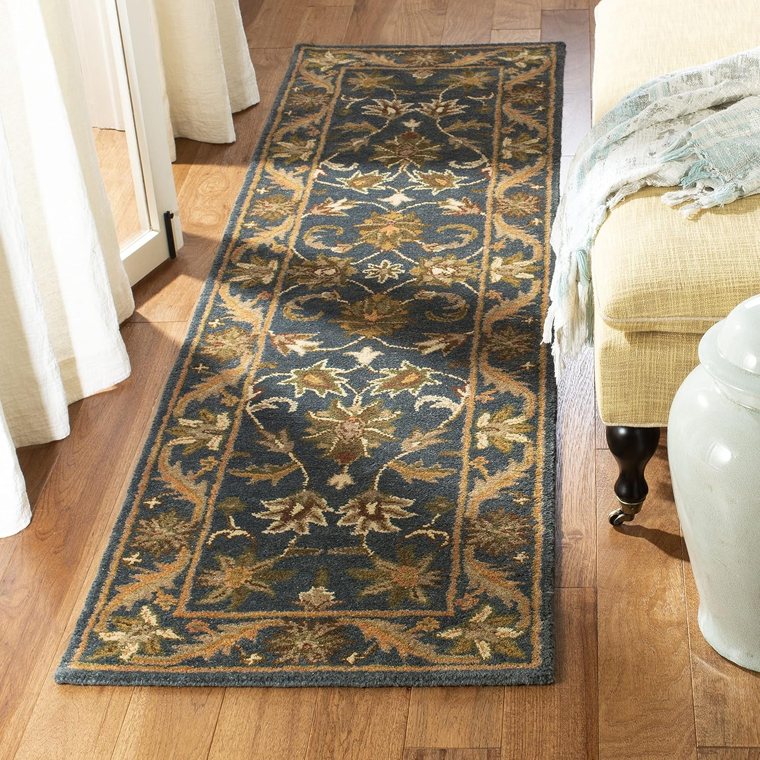 SAFAVIEH Antiquity Carmella Floral Bordered Wool Runner Rug, Blue/Gold, 2'3" x 16'