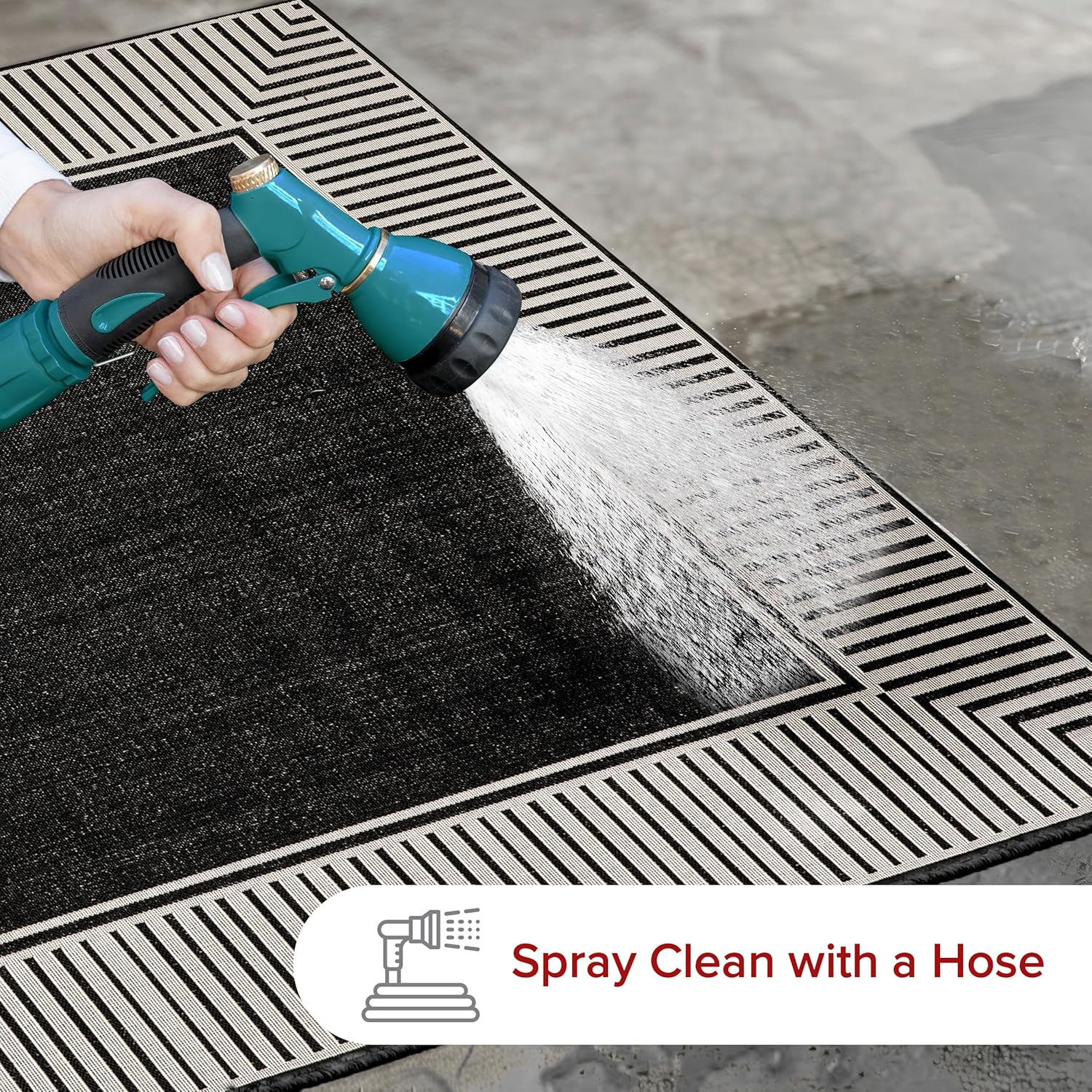 Black and Beige Striped Synthetic 4' x 6' Outdoor Area Rug