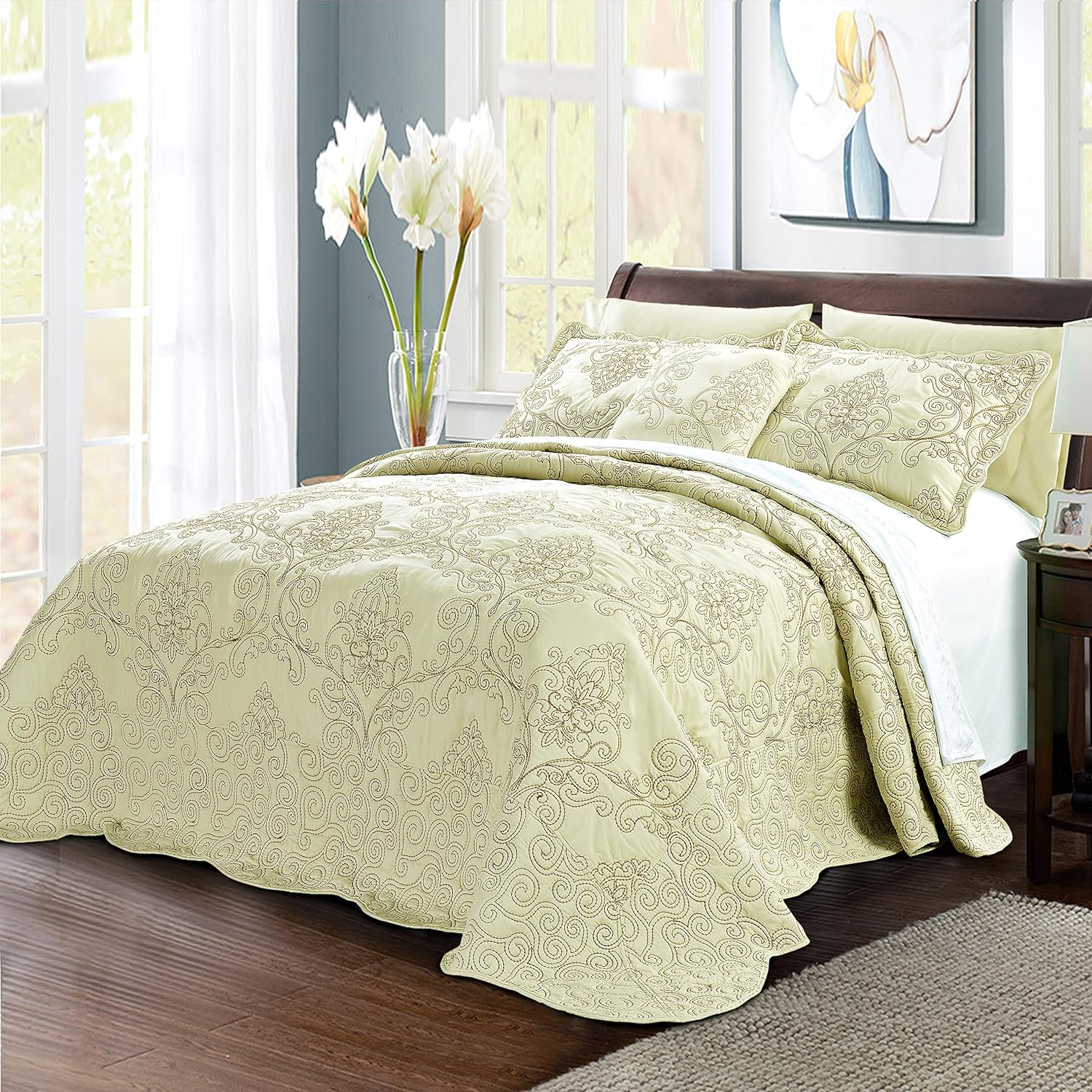 Home Soft Things 4-Piece Reversible Damask Embroidery Bedspread Set, Light Green, Oversized King 120"x120"