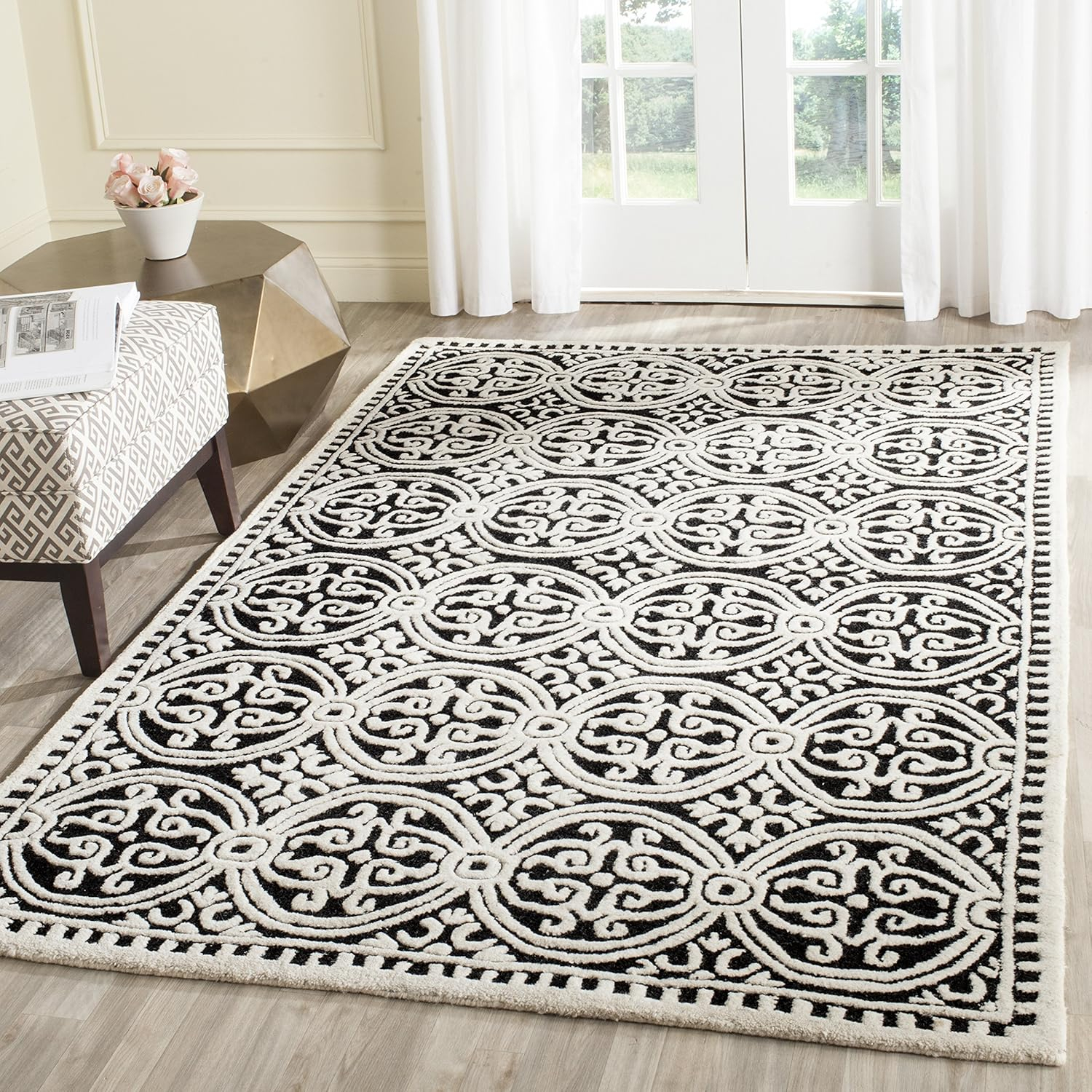 Ivory and Navy Blue Hand-Tufted Wool Rectangular Rug, 12' x 18'