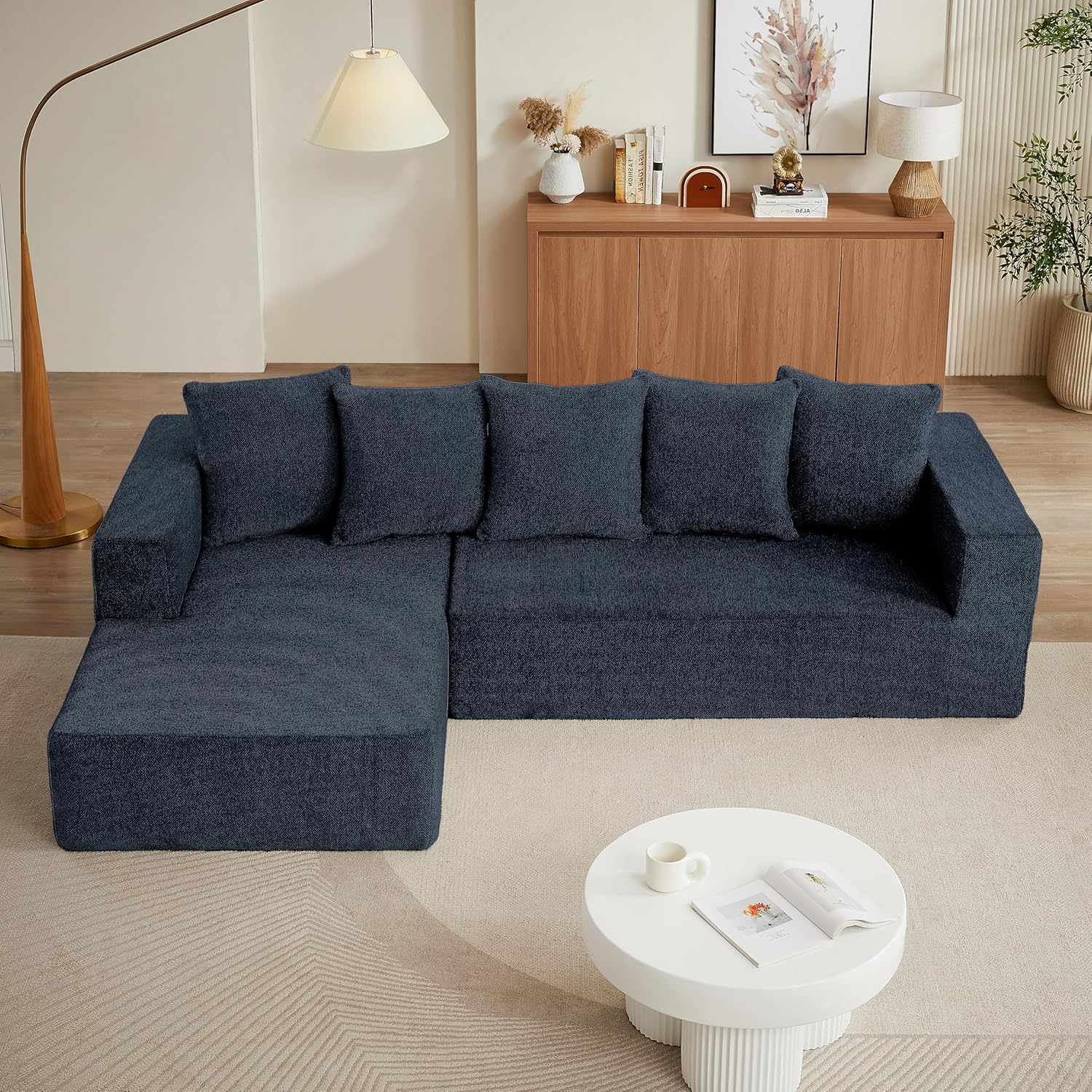 Minimalist Interior Sofa, Upholstered L Shape Cloud Couch, Chenille Modular Sofa Couch with Pillows for Living Room Apartment Studio/No Assembly Require-Left Facing Chaise(Blue)