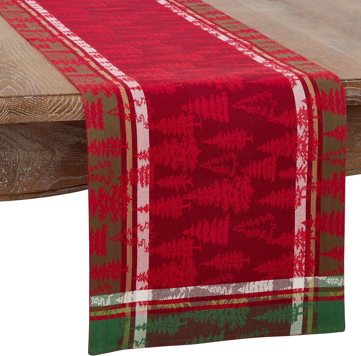 Fennco Styles Christmas Tree Plaid Design 100% Cotton Table Runner 13 x 90 Inch - Red Table Cover for Home, Holiday, Family Gathering and Special Occasion