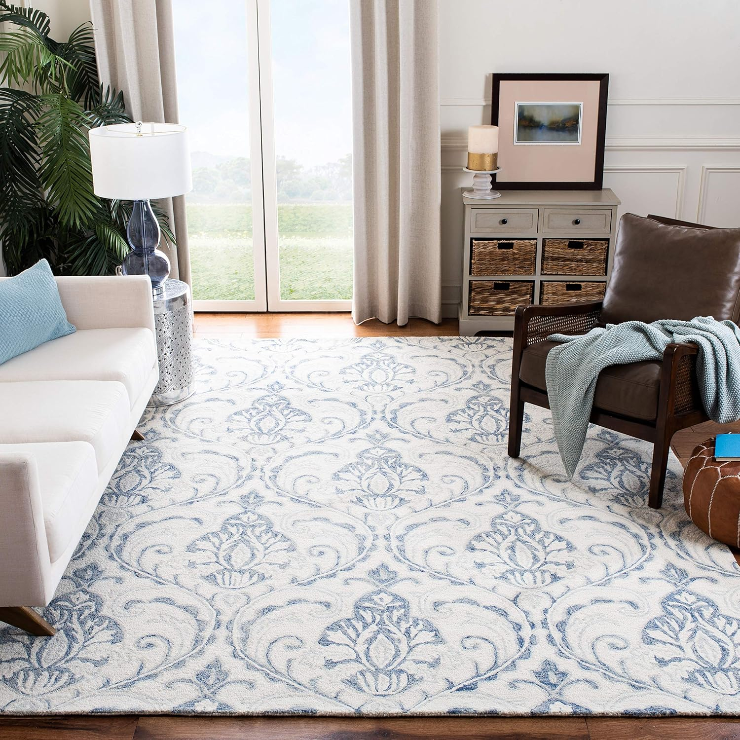 Handmade Medallion Tufted Wool Rug 9' x 12' in Blue and Ivory