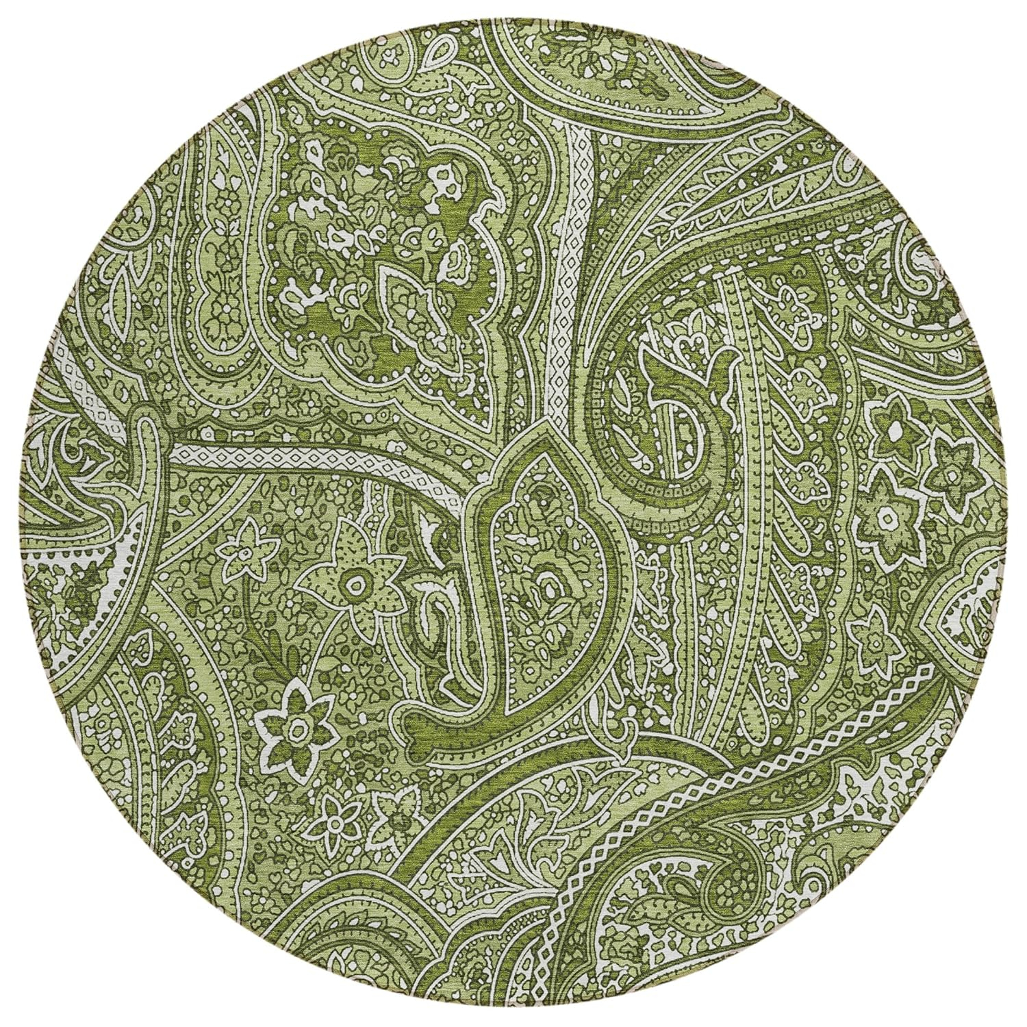Green Paisley Pattern Round Machine Washable Area Rug