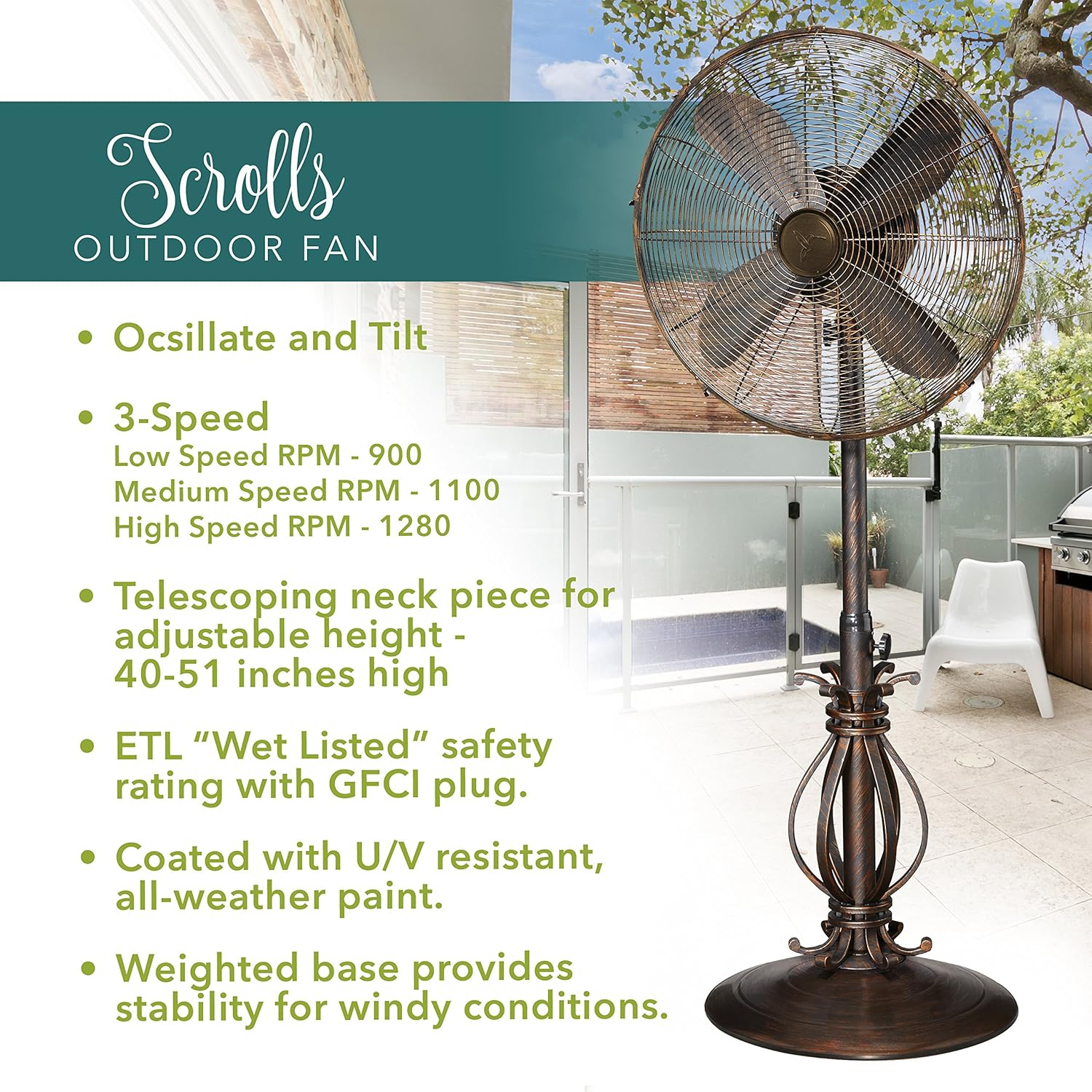DecoBREEZE DBF1080 Adjustable Oscillating Outdoor Pedestal Fan Prestigious Brown