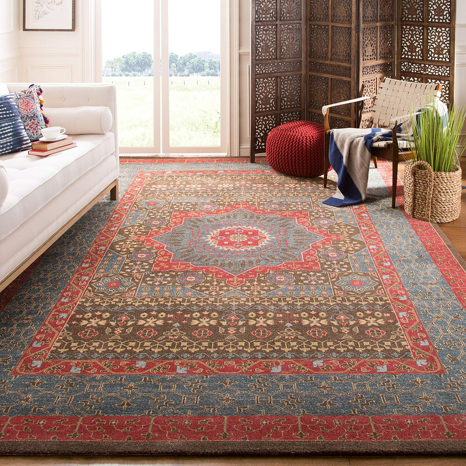 Large Red and Blue Synthetic Traditional Oriental Area Rug