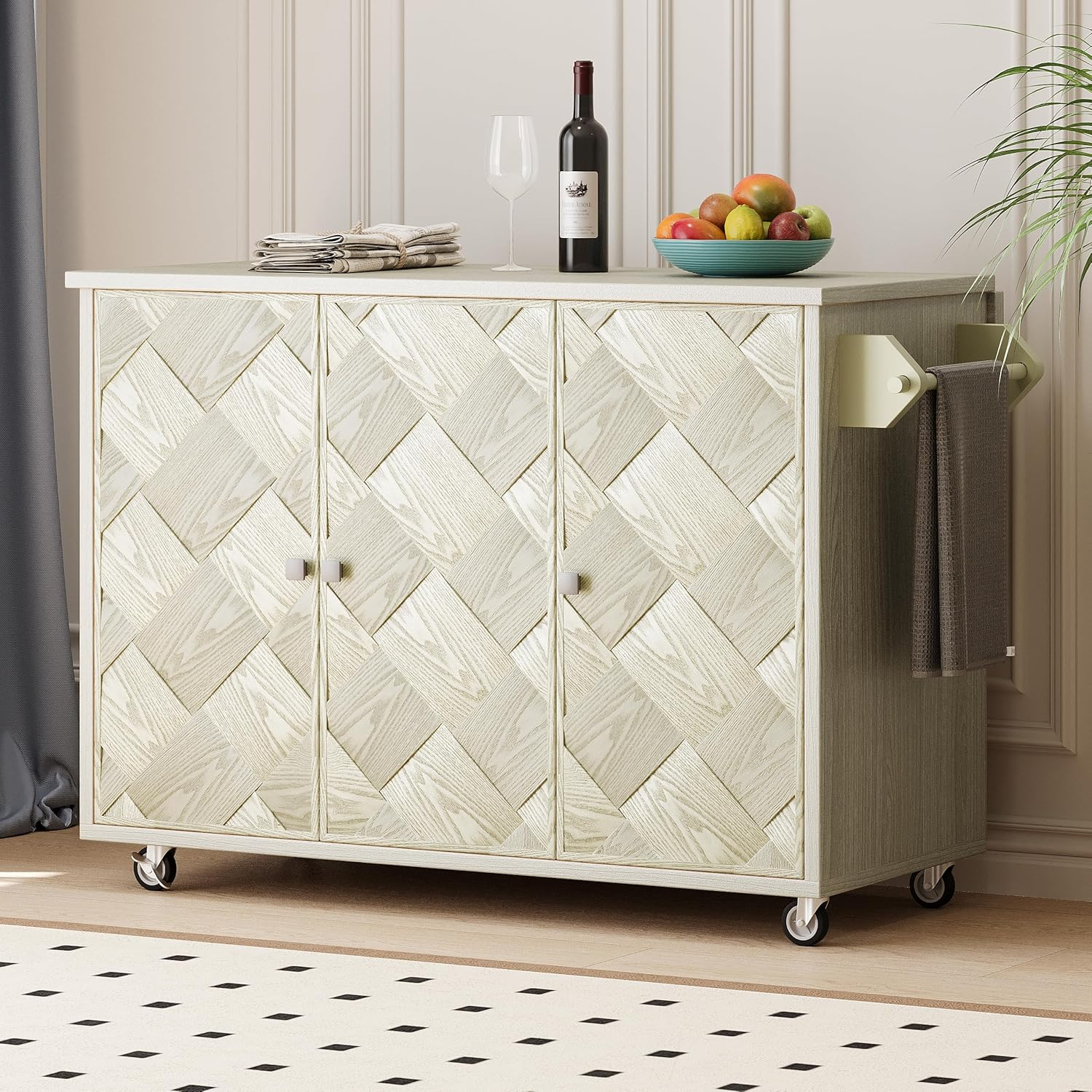 51.2" Ash Veneer Solid Wood Handwoven Kitchen Island with Drop Leaf,Coastal Dining Island on Wheels W/Internal Storage Rack,Rolling Dining Cart,Easy Assembly,for Kitchen,Dining Room,Champagne