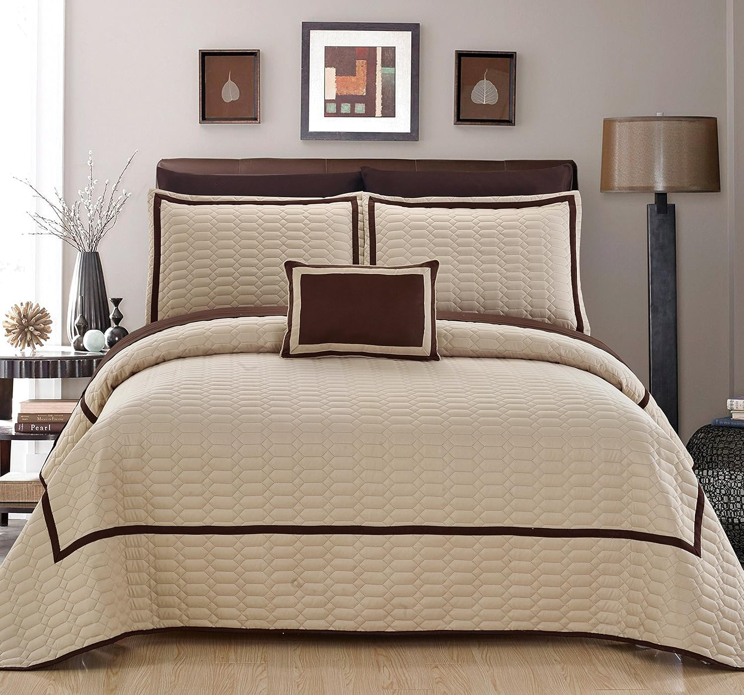 8 Pc. Neal Hotel Collection 2 Tone banded Geometrical Embroidered, Quilt in a bag, Includes sheets set, Shams and