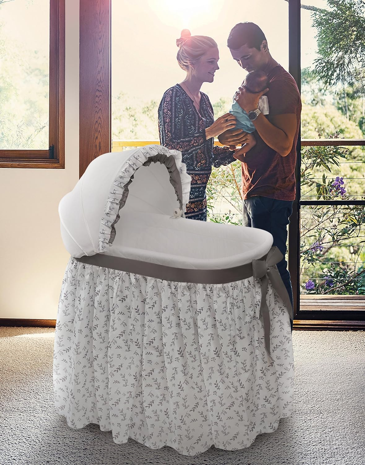 Badger Basket Wishes Oval Bassinet - Full Length Skirt - Gray/Leaf