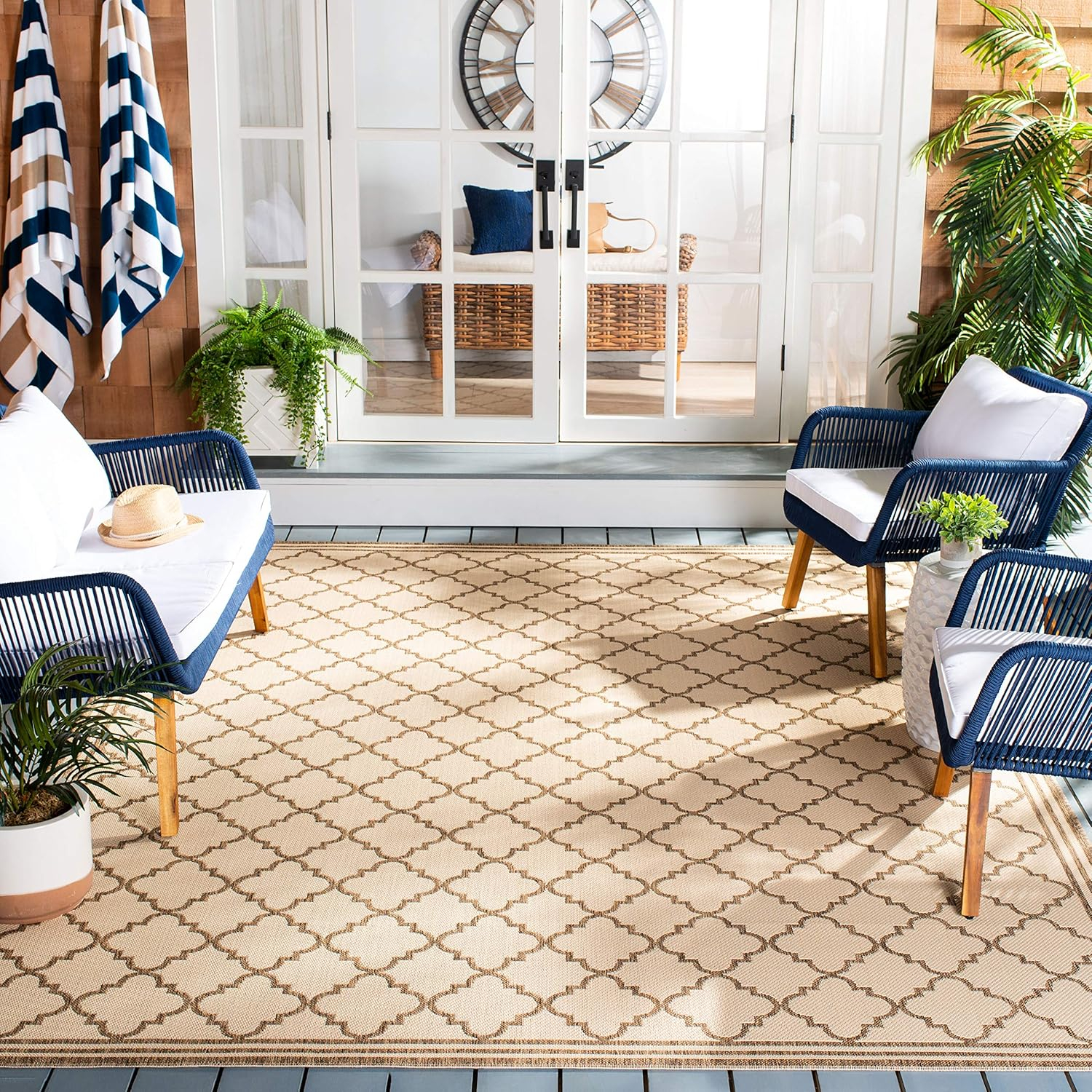 SAFAVIEH Beach House Collection Area Rug - 9' x 12', Blue & Creme, Trellis Design, Non-Shedding & Easy Care, Indoor/Outdoor & Washable-Ideal for Patio, Backyard, Mudroom (BHS121M)