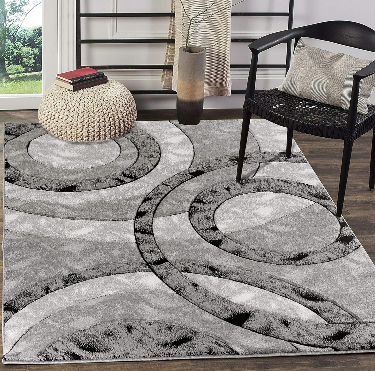 GLORY RUGS Area Rug Modern 4x6 Grey Black Circles Geometry Soft Hand Carved Contemporary Floor Carpet Fluffy Texture for Indoor Living Dining Room and Bedroom Area