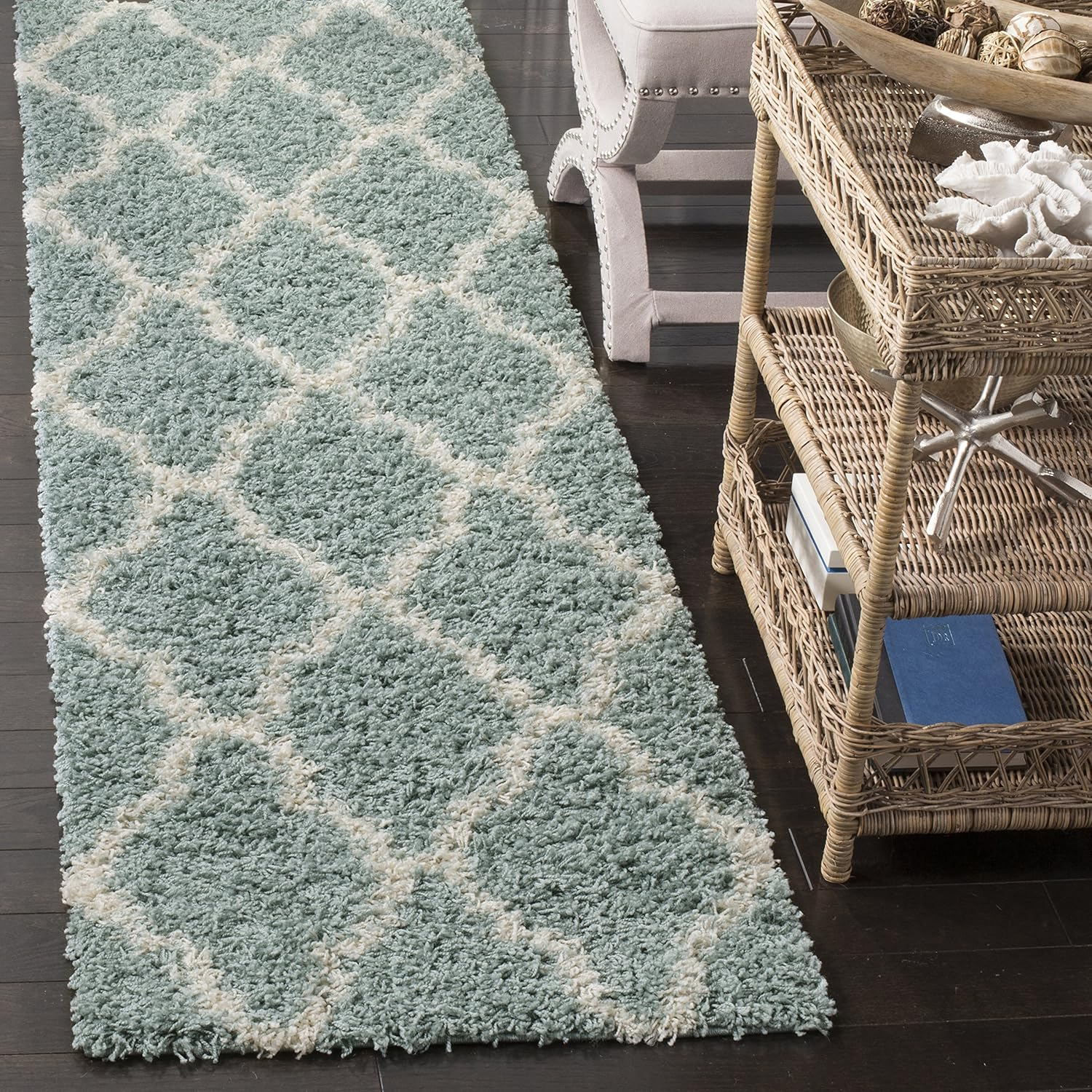SAFAVIEH Daley Geometric Plush Shag Runner Rug, Seafoam/Ivory, 2'3" x 8'