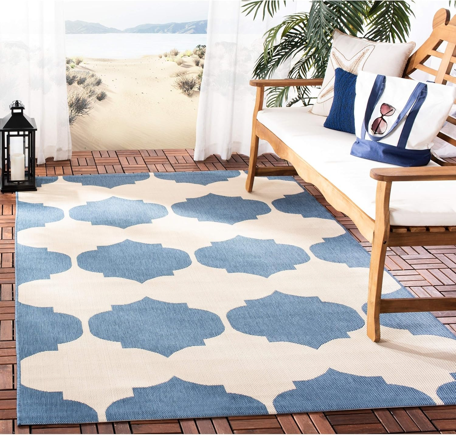 SAFAVIEH Courtyard Elwyn Geometric Indoor/Outdoor Area Rug, Beige/Blue, 9' x 12'