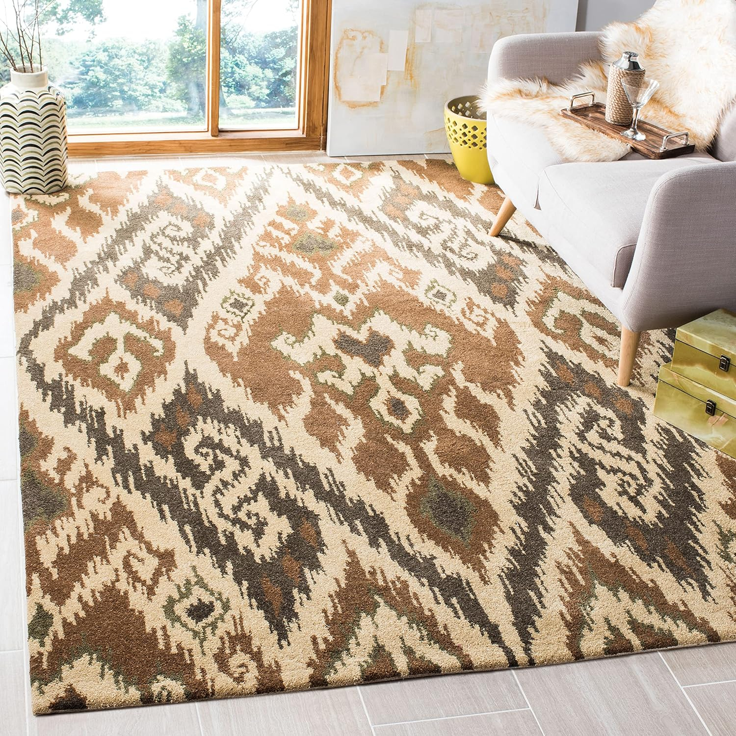 SAFAVIEH Capri Merrilyn Damask Geometric Wool Area Rug, Multi/Brown, 6' x 9'