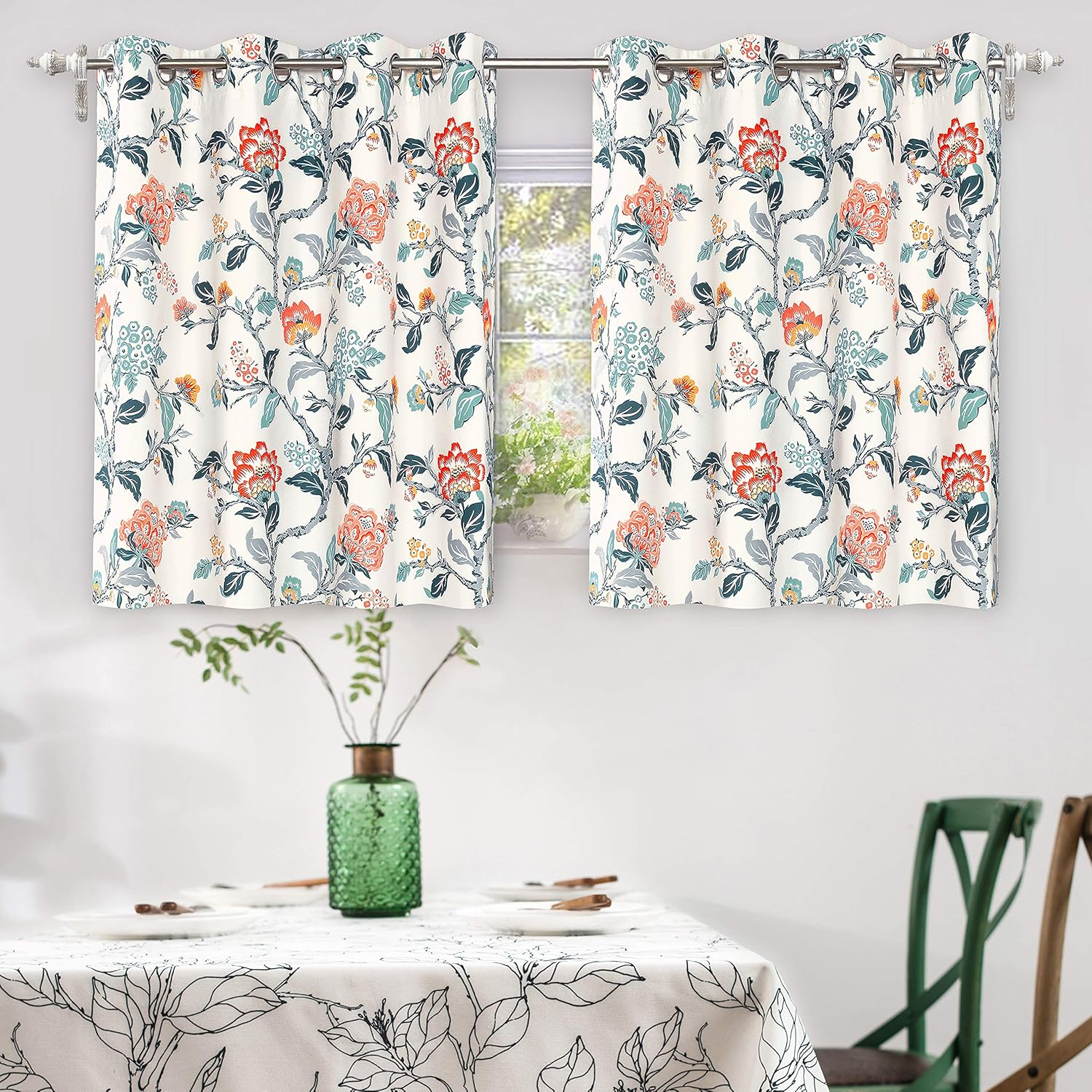 DriftAway Ada Floral Lined Thermal Insulated Room Darkening Blackout Grommet Window Curtains, 2 Panels, 52" x 36", Ivory Orange Teal