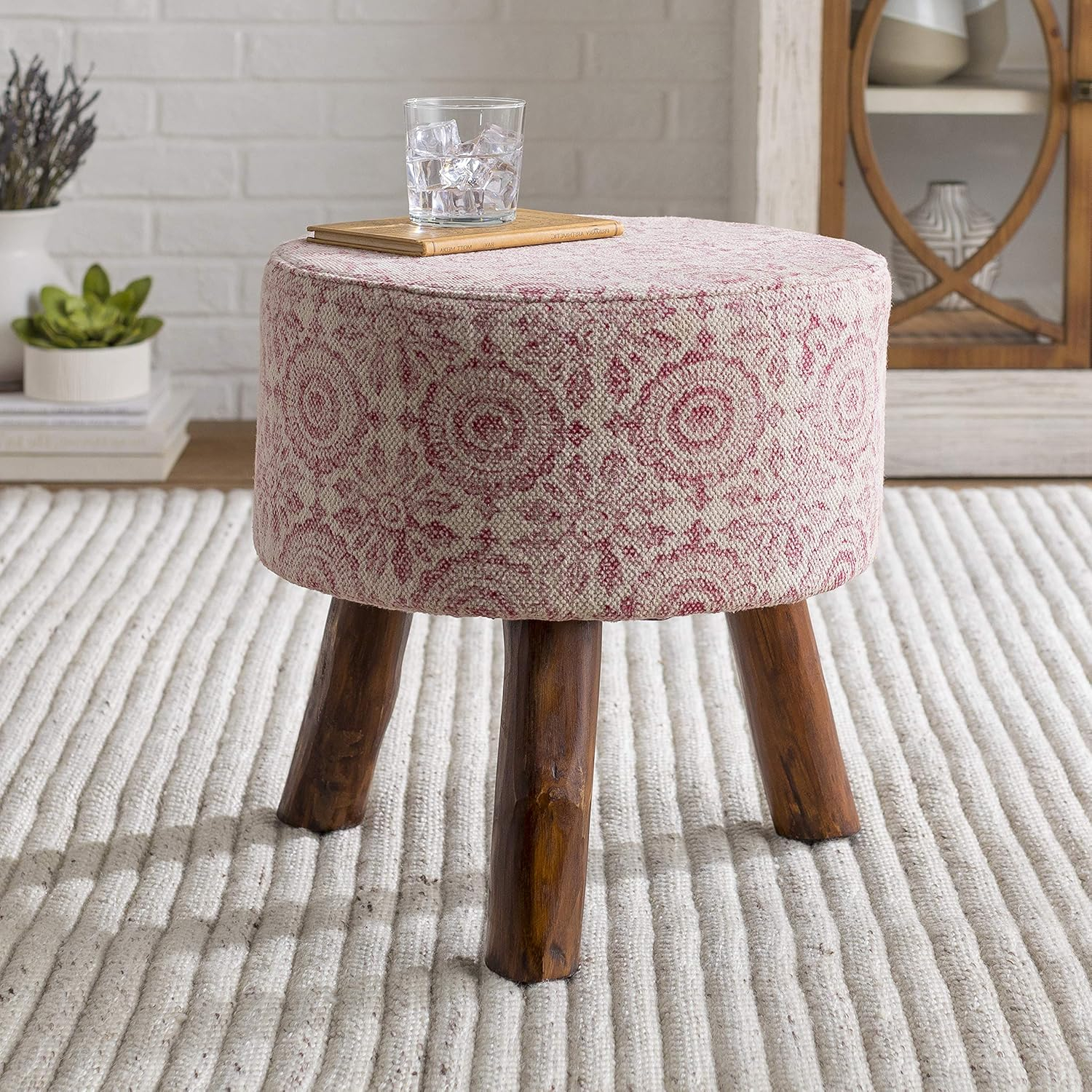 Arlen Red and Beige Cotton Upholstered Foot Stool