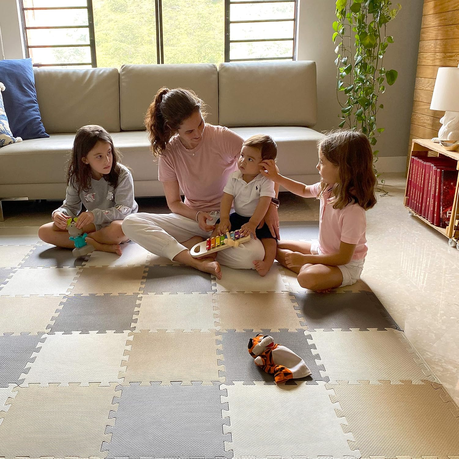 MioTetto Non-Toxic Foam Play Mat for Babies & Kids, Interlocking Puzzle Tiles, Cream-Gray-Beige, 18 Pieces – Perfect for Tummy Time, Crawling, Nursery, Playroom, or Gym