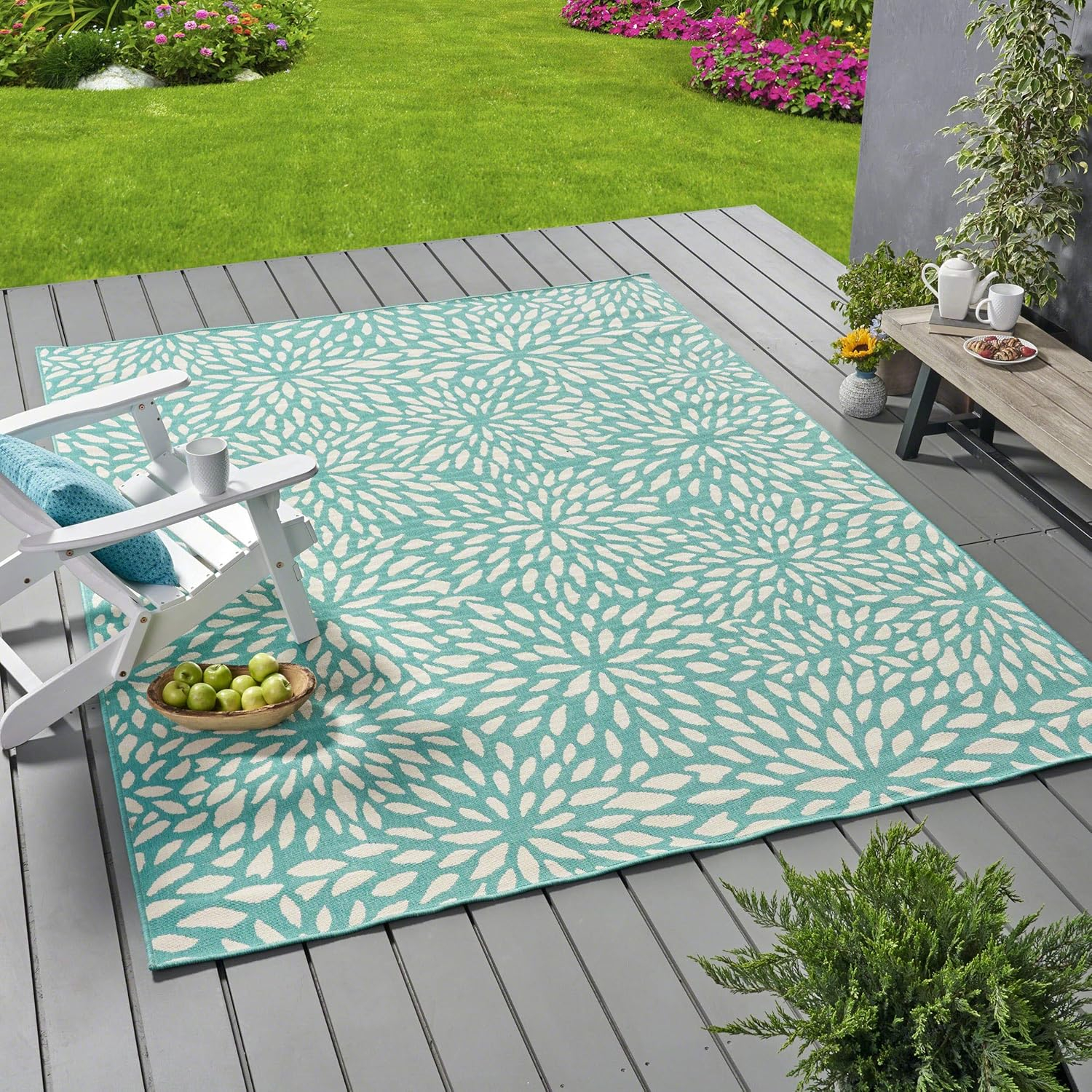 Ivory and Blue Floral Rectangular Stain-Resistant Outdoor Rug
