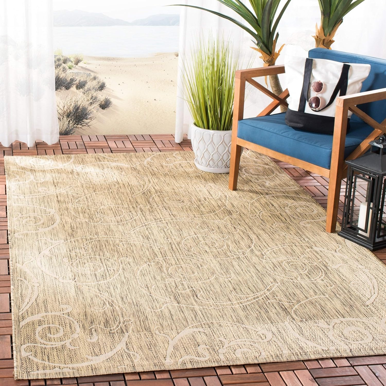 SAFAVIEH Courtyard Daniel Floral Indoor/Outdoor Area Rug, 7'10" x 7'10" Square, Brown/Natural