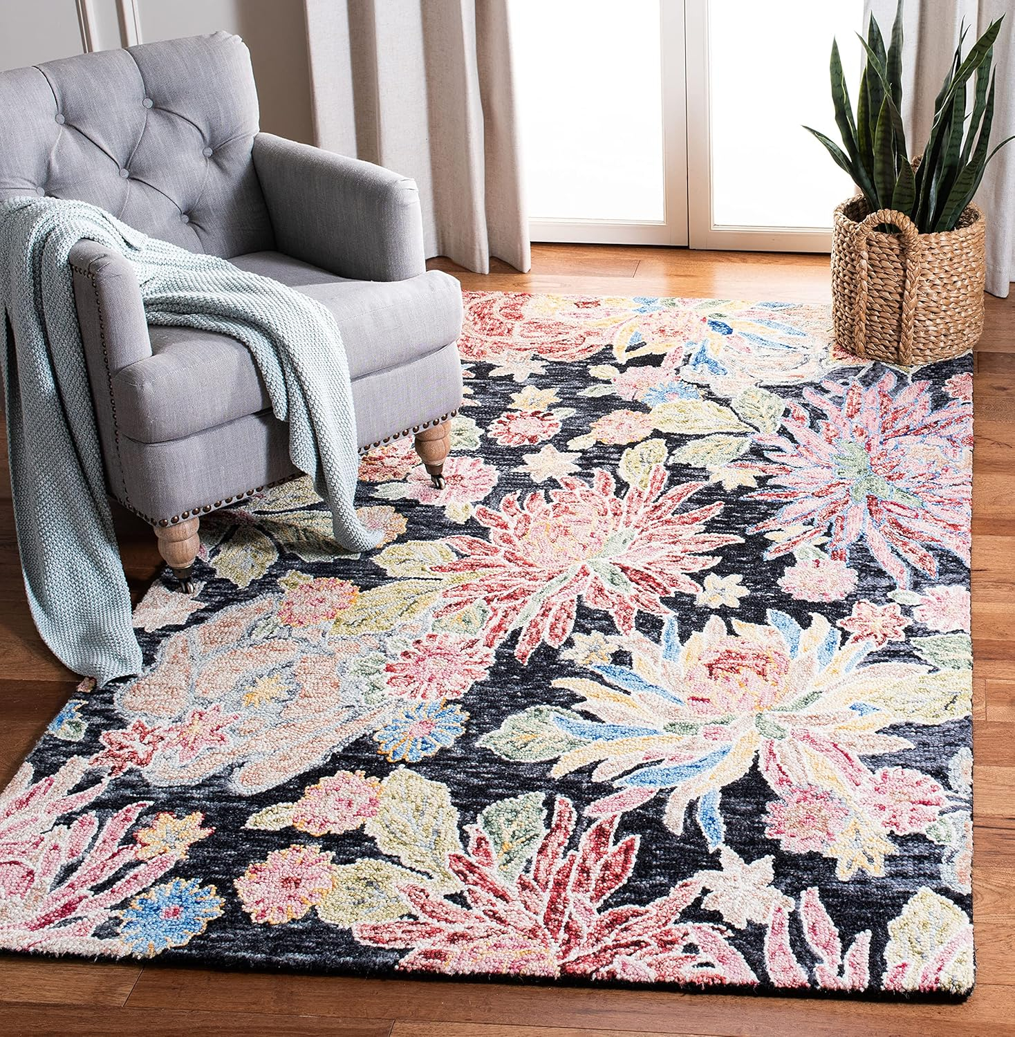 SAFAVIEH Jardin Dahila Floral Area Rug, Charcoal/Red, 4' x 6'