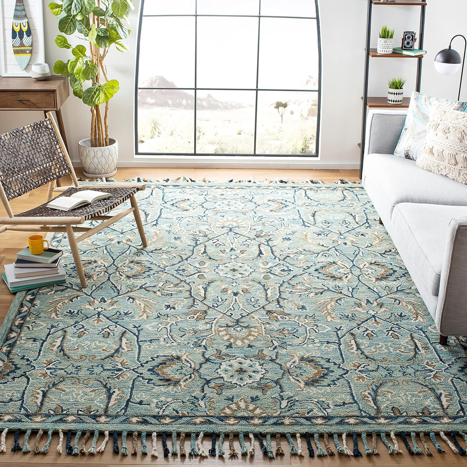 SAFAVIEH Blossom Frona Floral Wool Fringed Area Rug, Blue/Ivory, 9' x 12'