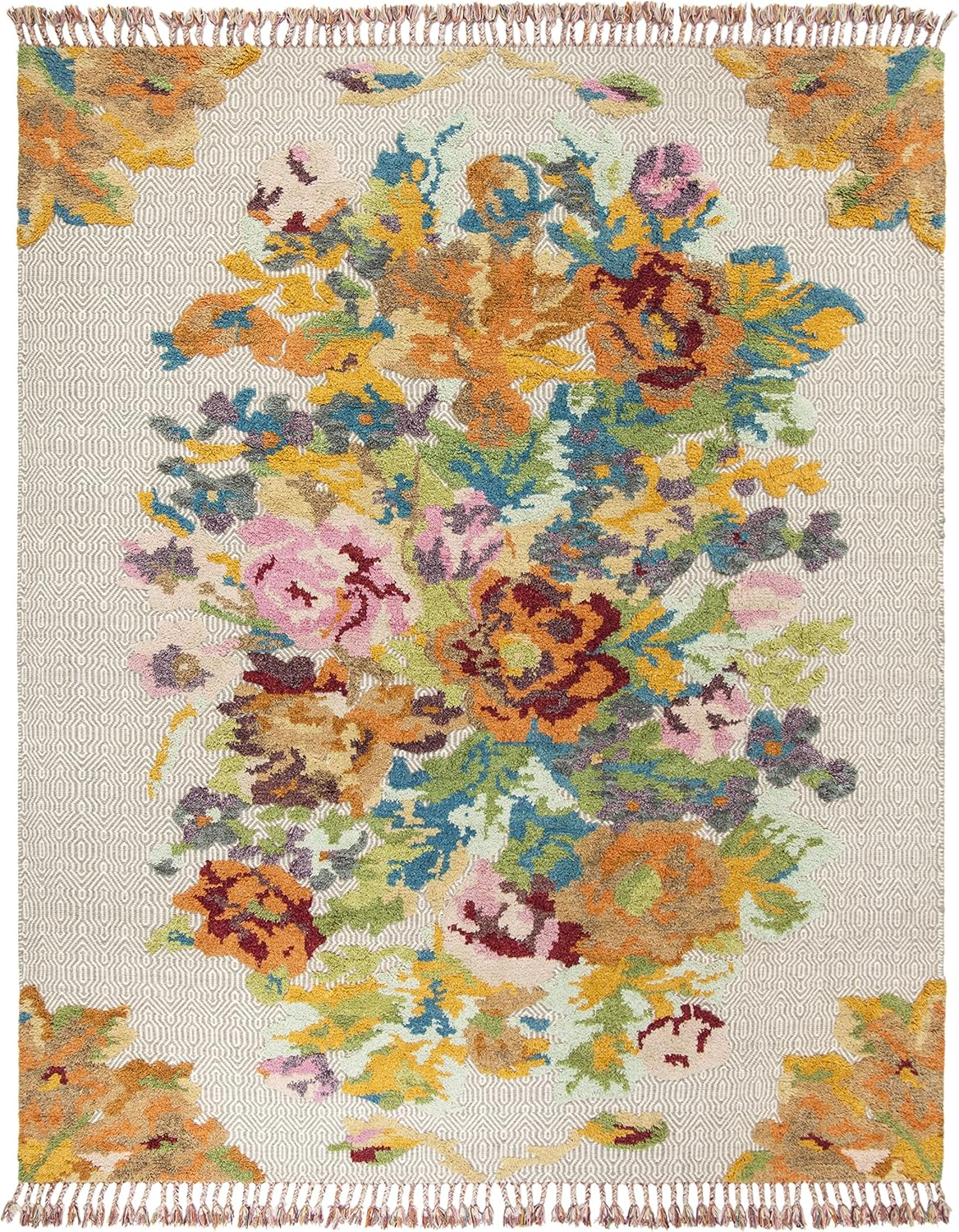 SAFAVIEH Kenya Alfombra con Flecos Trenzados y Flores, Naranja/gris Claro, 9' x 12'