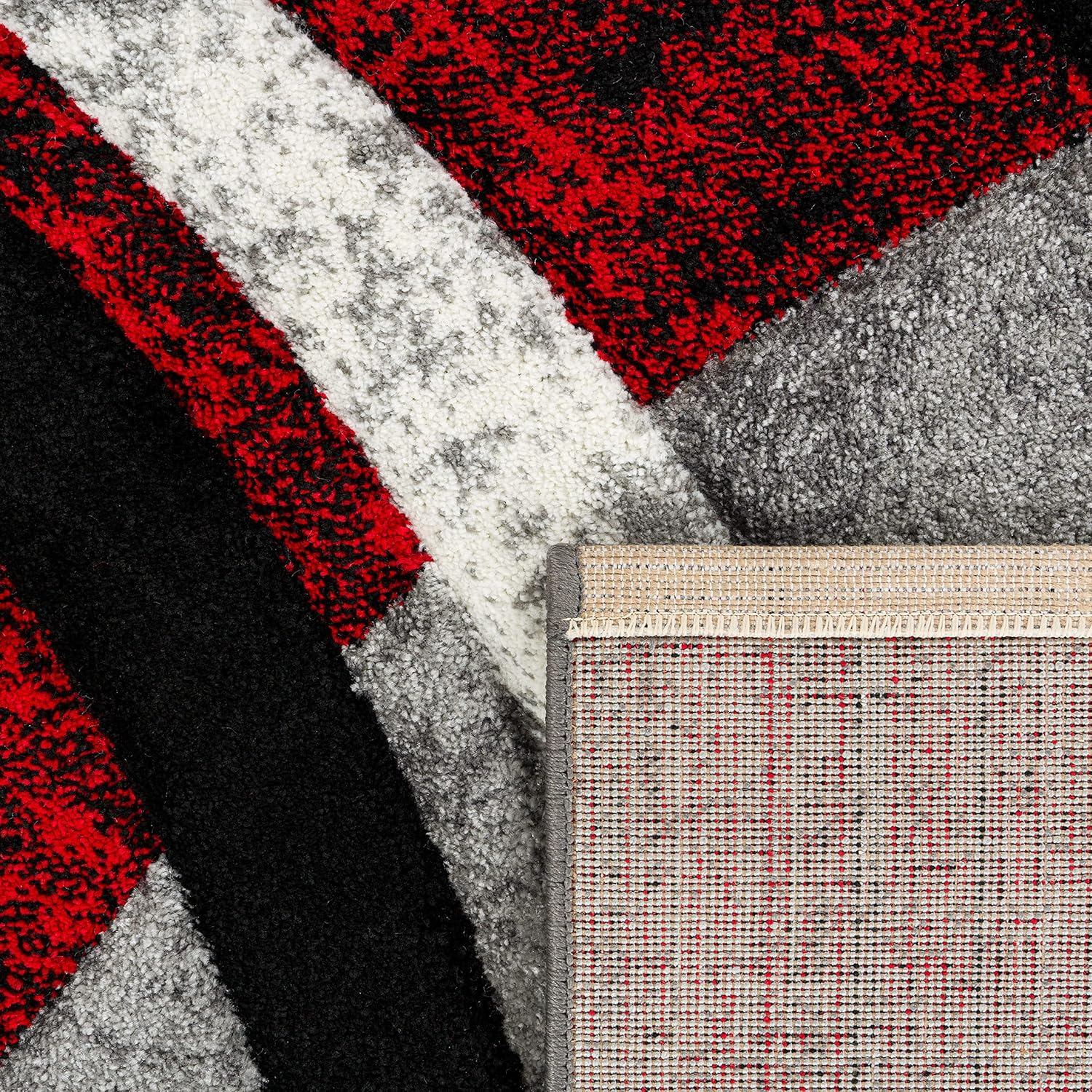 Paco Home Designer Rug with Contour Cut Striped Model in Grey Black and Red Mixture, Size:3'11" x 5'7"