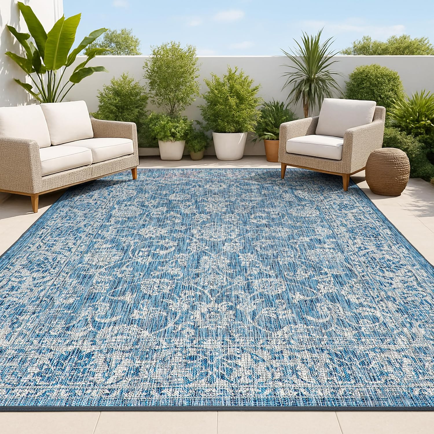 JONATHAN  Y Santa Monica Tela Textured Weave Floral 4 x 6 (ft) Loomed Polypropylene Navy/Gray Rectangular Indoor/Outdoor Border Coastal Area rug