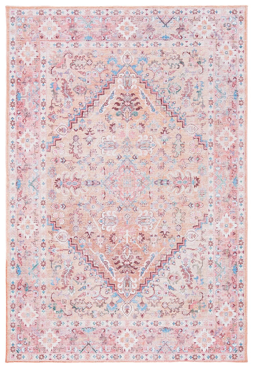 SAFAVIEH Serapi Donald Oriental Machine Washable Area Rug, Beige/Pink, 6'7" x 6'7" Square