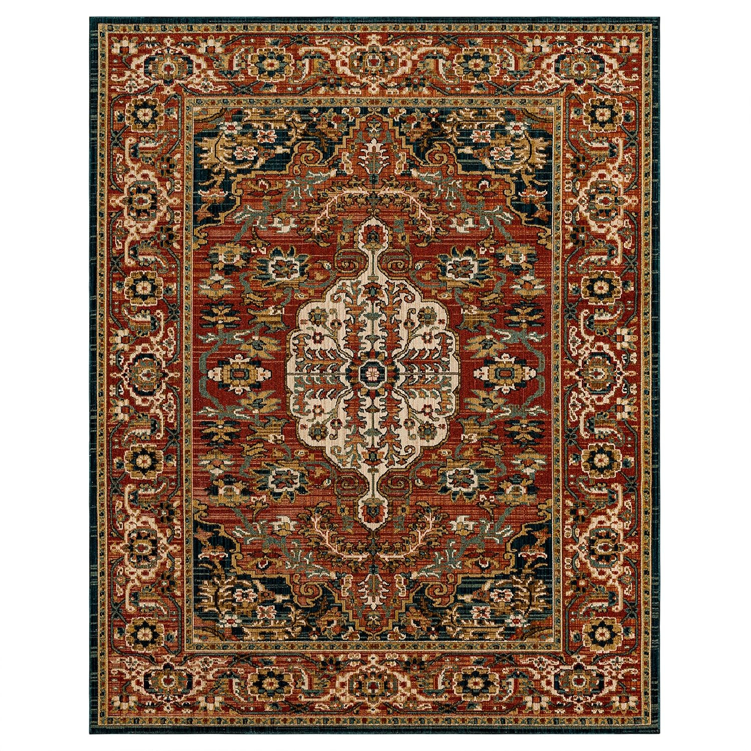 Bilpass Red and Beige Synthetic Medallion 4' x 6' Area Rug