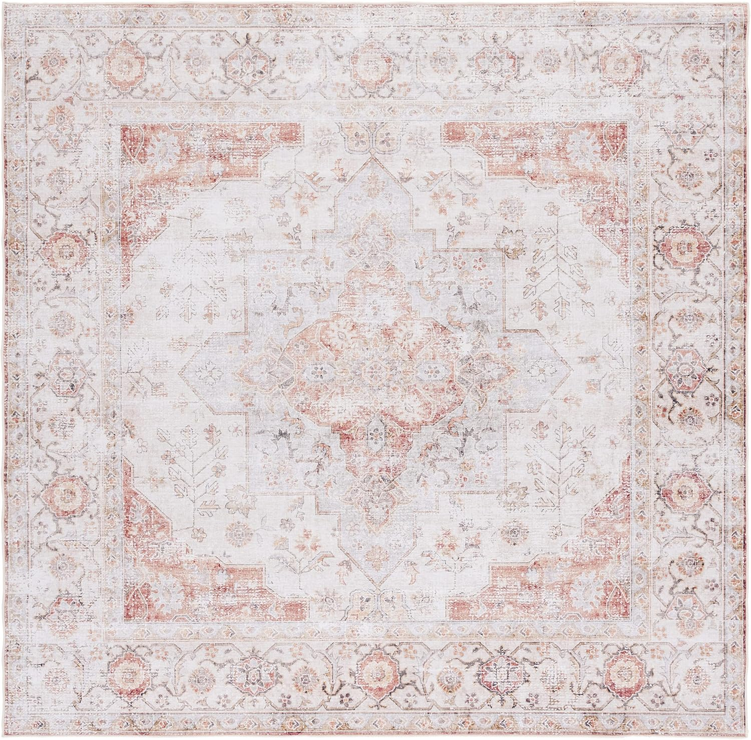 SAFAVIEH Tucson Nazca Traditional Machine Washable Area Rug, Light Grey/Rust, 10' x 10' Square