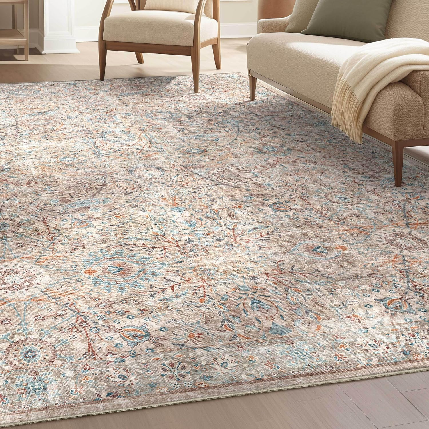Well Woven Asha Emilia Vintage Persian Floral Ivory 9'10" x 13' Machine Washable Area Rug