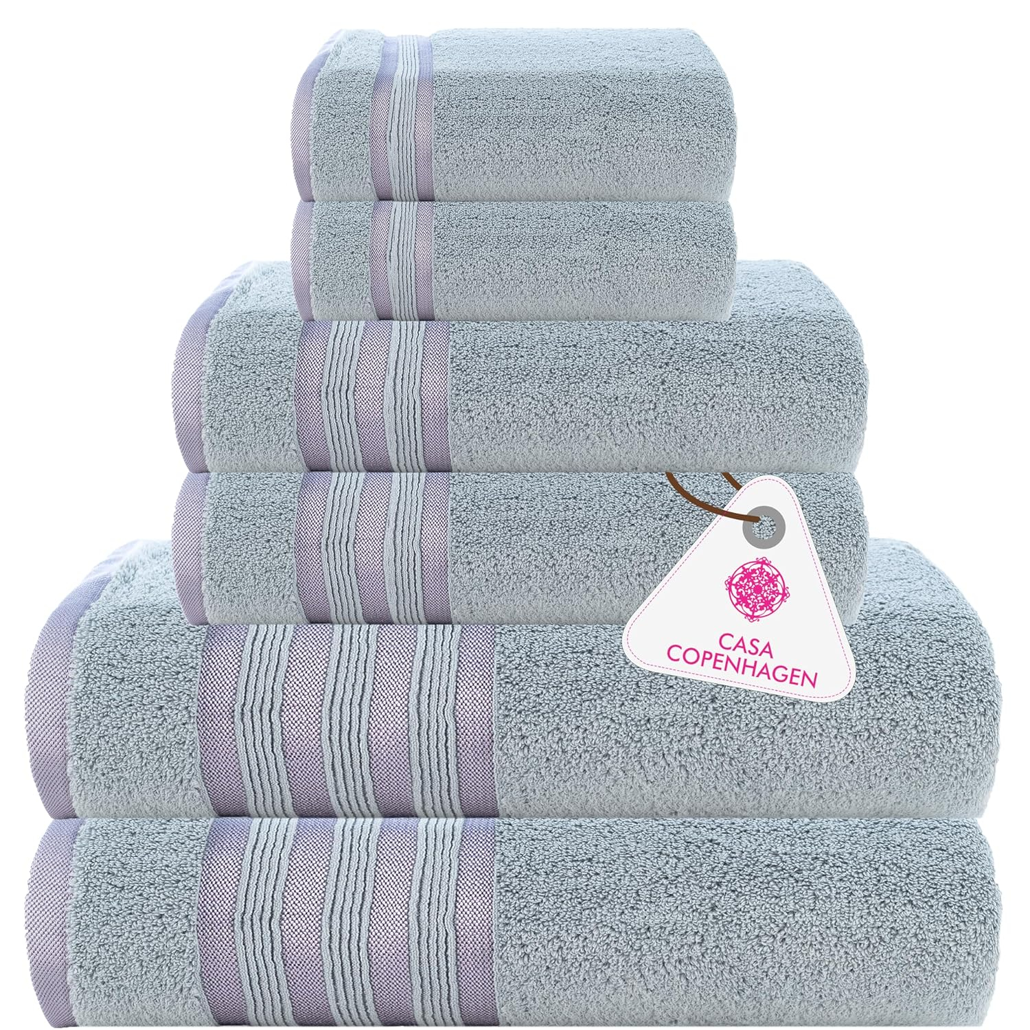 CASA COPENHAGEN Zero Twist, 6 Pieces Set 100% Cotton 0" Twist Towel Set- Grey Violet, 600 GSM, 2 Bath, 2 Hand, 2 Washcloths Made from Egyptian Cotton, Ultra Soft Luxury Towels for Bathroom.