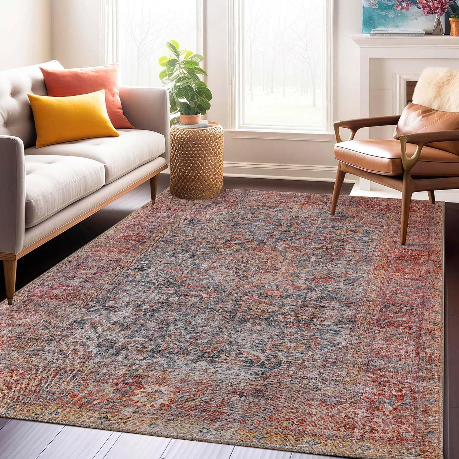 Superior Large Indoor Area Rug, Modern Floor Decor, Living/Dining Room, Kitchen, Entry, Distressed Floral, Geometric Medallion, Cotton Backing, Huda Collection, 3' 6" x 5' 6", Ruby Red