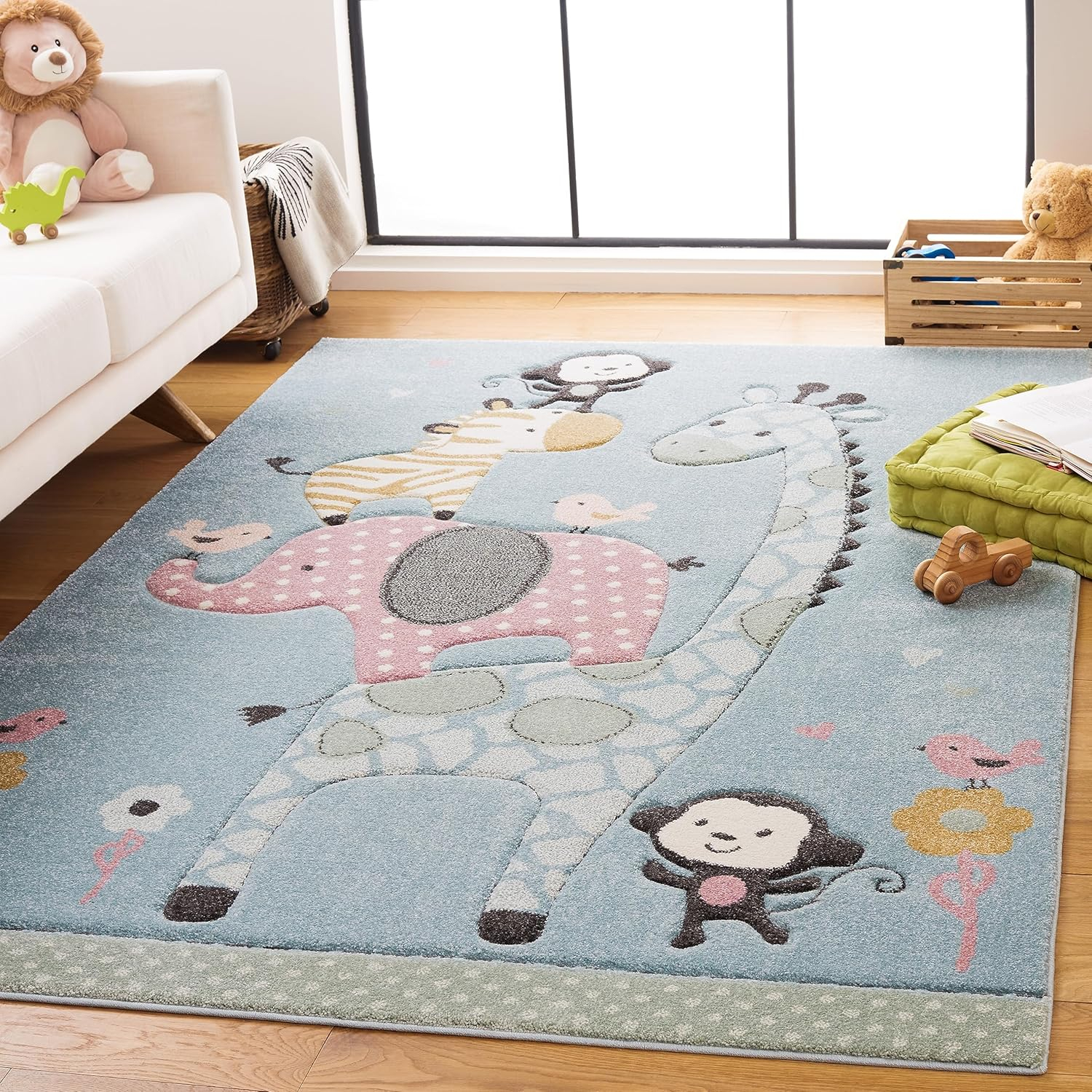 SAFAVIEH Carousel Kids Taneka Animals at Play Area Rug, Blue, 5'3" x 5'3" Square