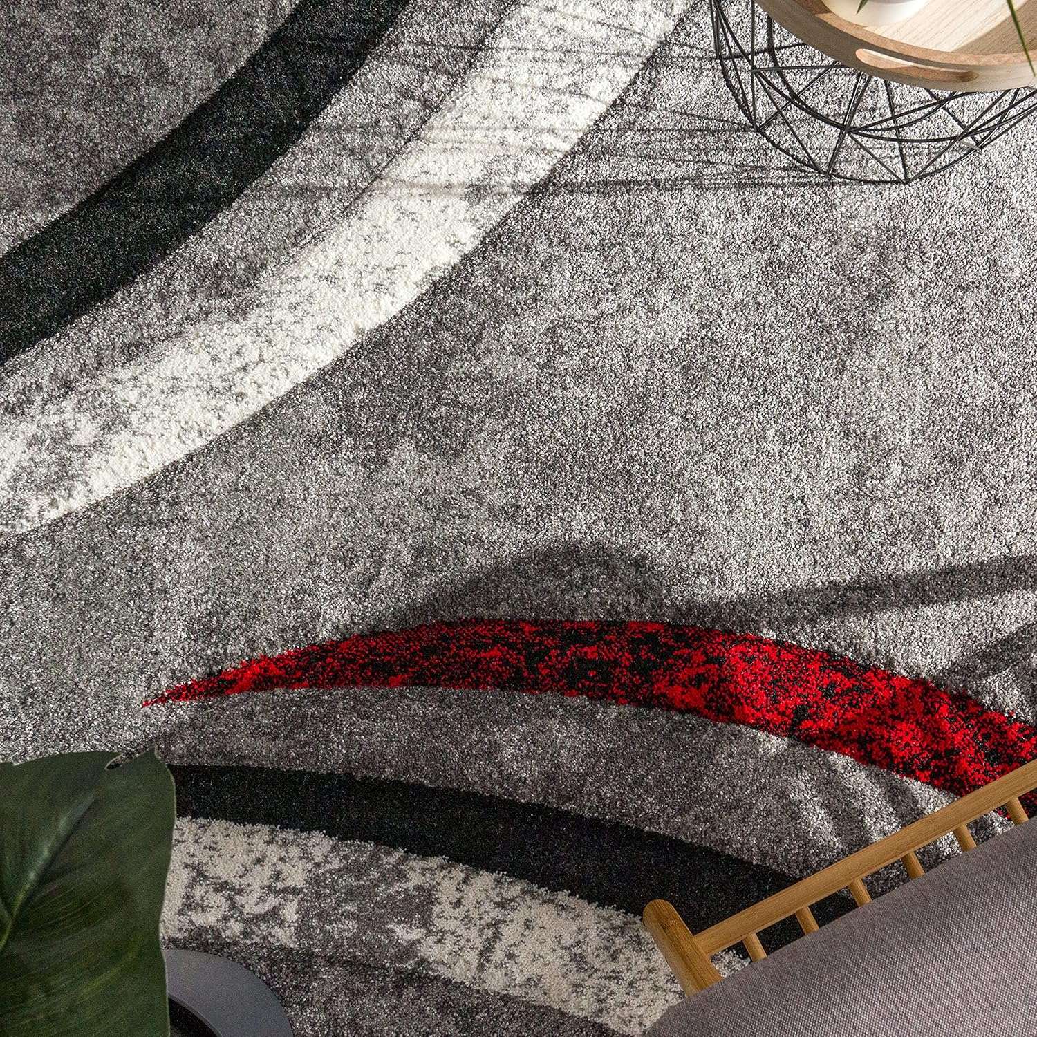 Paco Home Designer Rug with Contour Cut Striped Model in Grey Black and Red Mixture, Size:3'11" x 5'7"